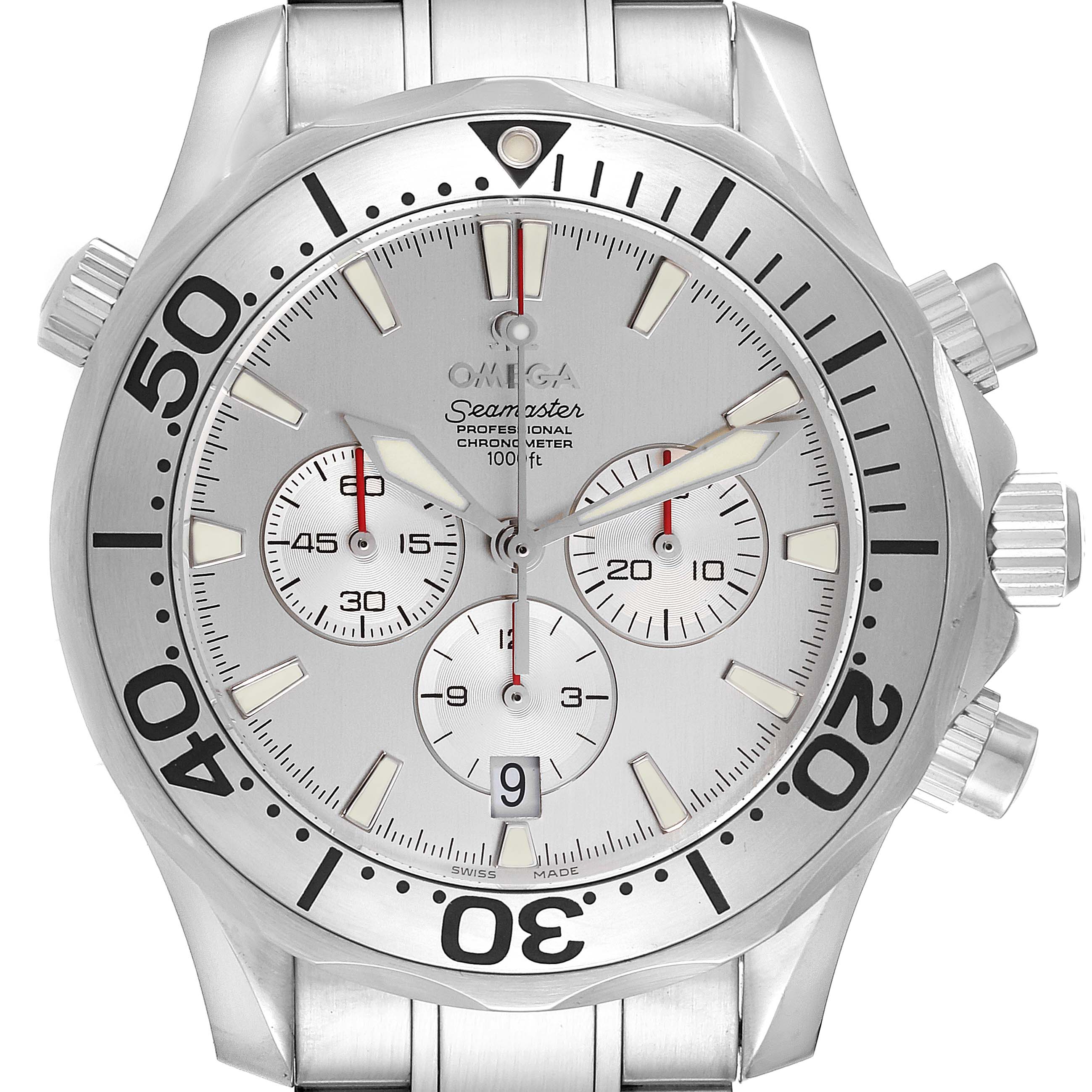 This Omega Seamaster 2589.30.00 Men's Stainless Steel Silver Dial 2589.30.00 Men's Stainless Steel Silver Dial watch is shown from a front angle displaying its dial, bezel, crown, and push buttons.