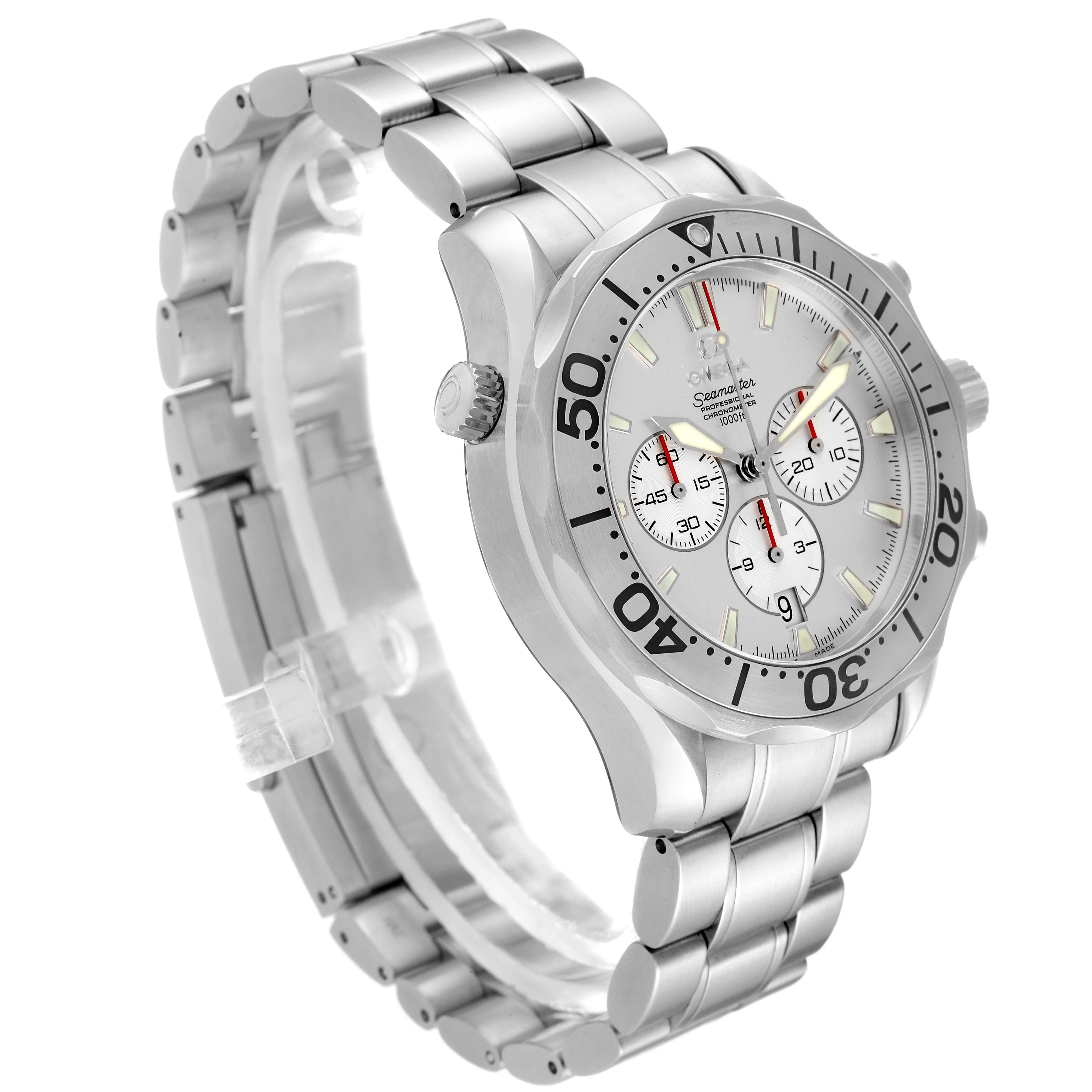 This image shows an Omega Seamaster 2589.30.00 Men's Stainless Steel Silver Dial 2589.30.00 Men's Stainless Steel Silver Dial watch at a slight angle, highlighting the silver bracelet, bezel, and chronograph dials.