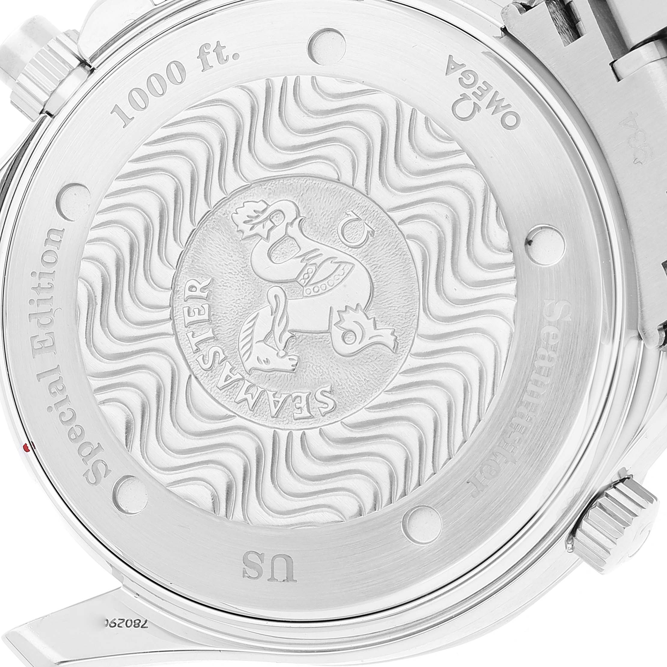 The image shows the case back of an Omega Seamaster 2589.30.00 Men's Stainless Steel Silver Dial 2589.30.00 Men's Stainless Steel Silver Dial watch, displaying its engraved design and inscriptions.