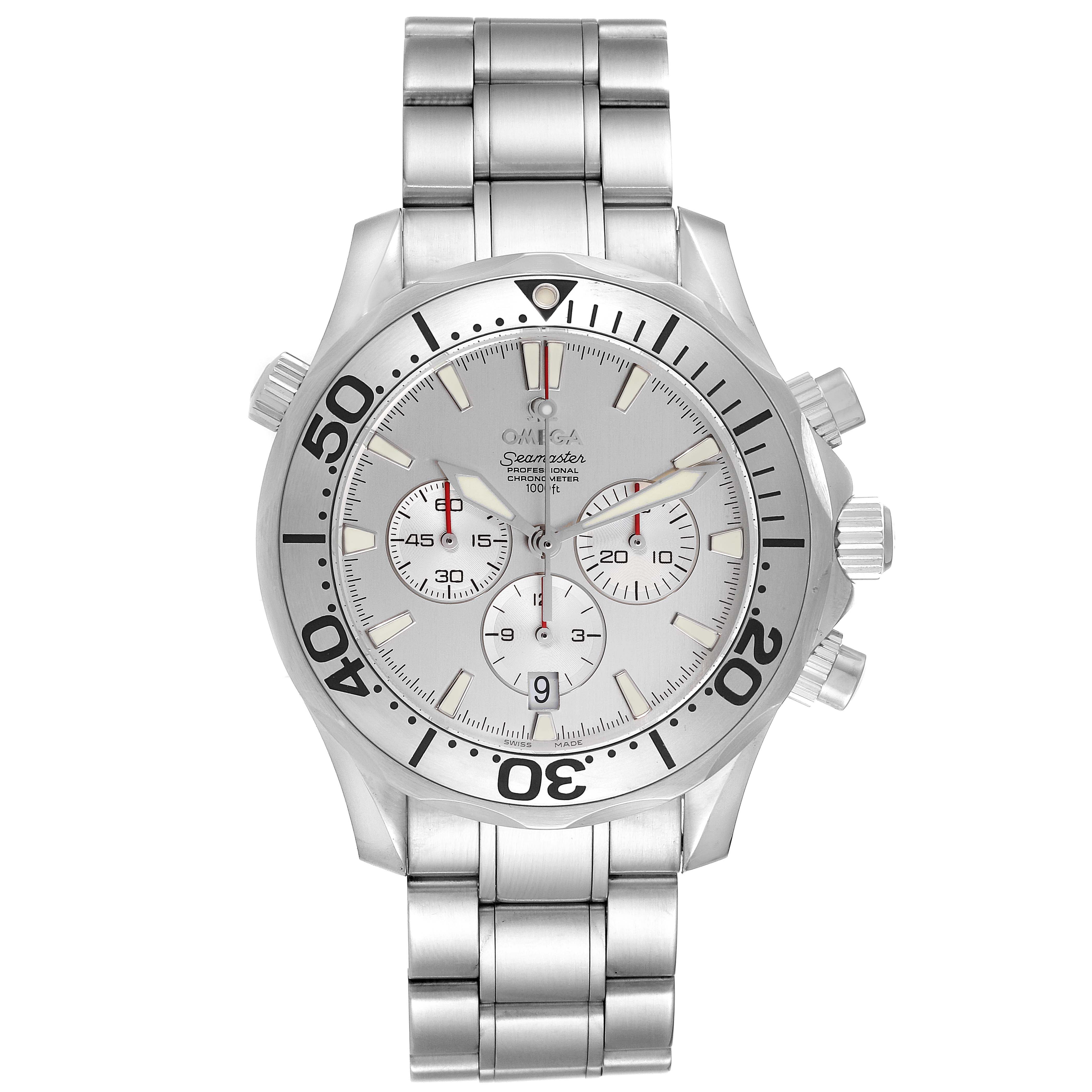 The image shows a front view of an Omega Seamaster 2589.30.00 Men's Stainless Steel Silver Dial 2589.30.00 Men's Stainless Steel Silver Dial watch, including its stainless steel bracelet, bezel, and chronograph dials.