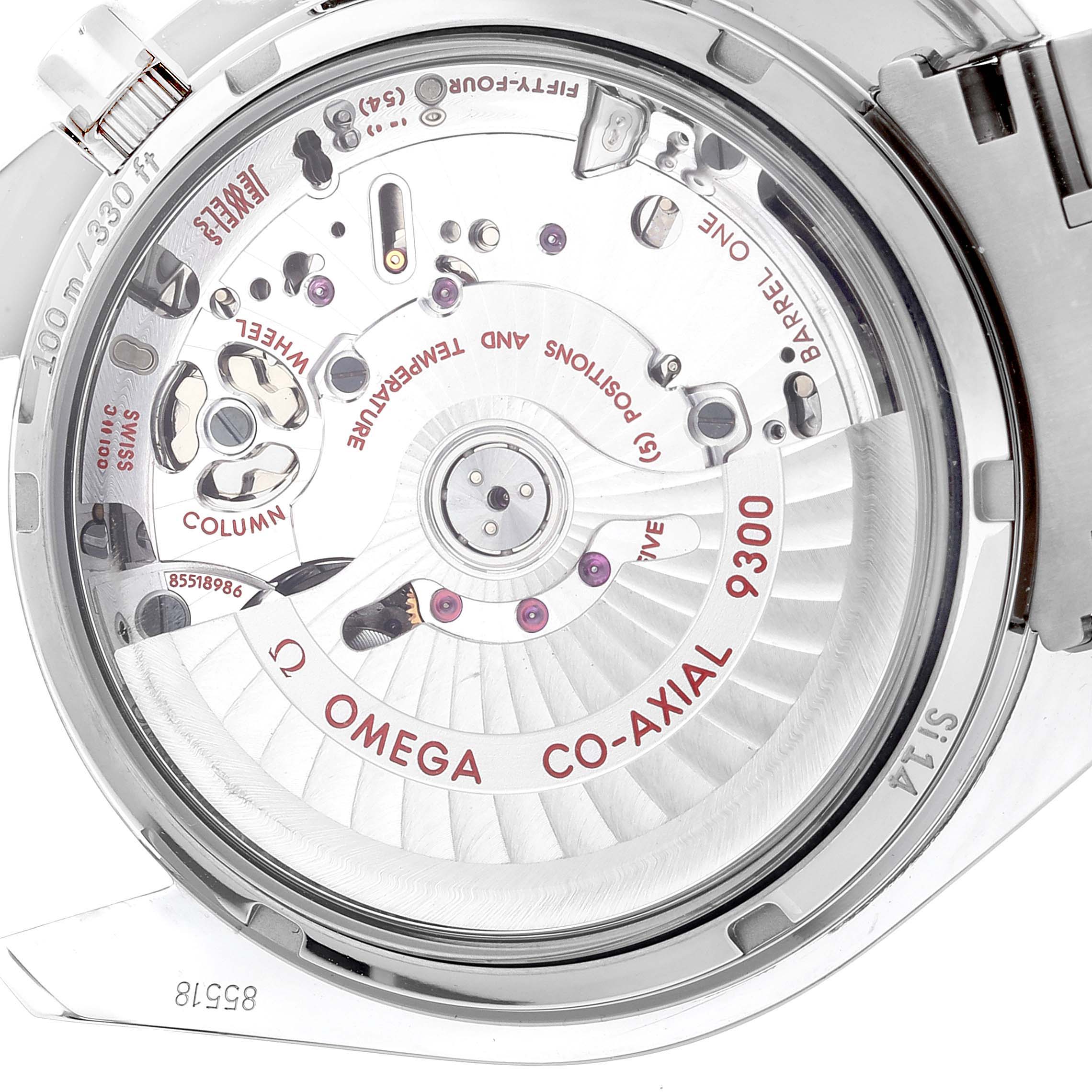 The image shows the back of the Omega Speedmaster 311.90.44.51.03.001 Men's Stainless Steel Blue Dial 311.90.44.51.03.001 Men's Stainless Steel Blue Dial watch, highlighting its Co-Axial 9300 movement.