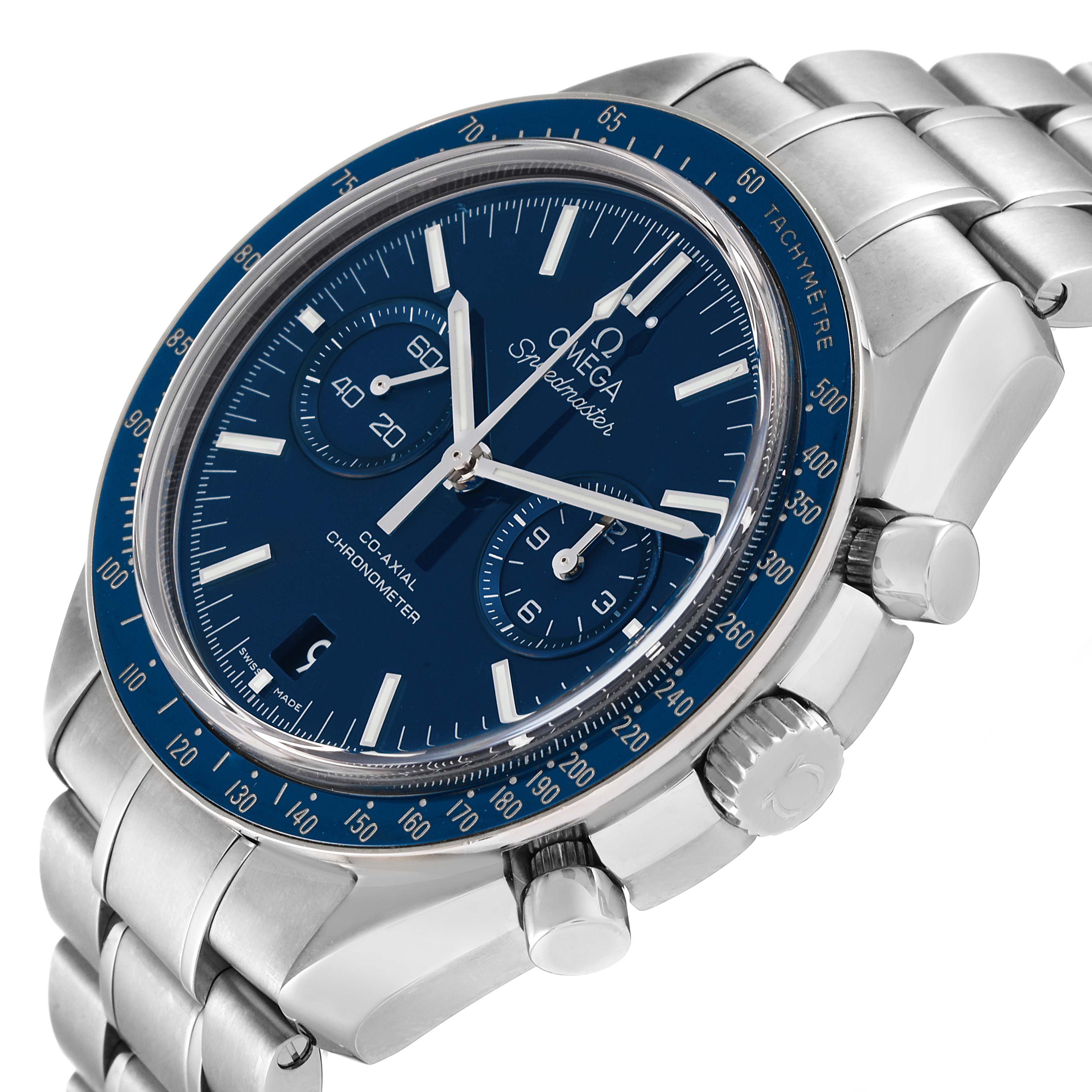 The image shows the Omega Speedmaster 311.90.44.51.03.001 Men's Stainless Steel Blue Dial 311.90.44.51.03.001 Men's Stainless Steel Blue Dial watch at a three-quarter angle, highlighting its face, bezel, and metal bracelet.