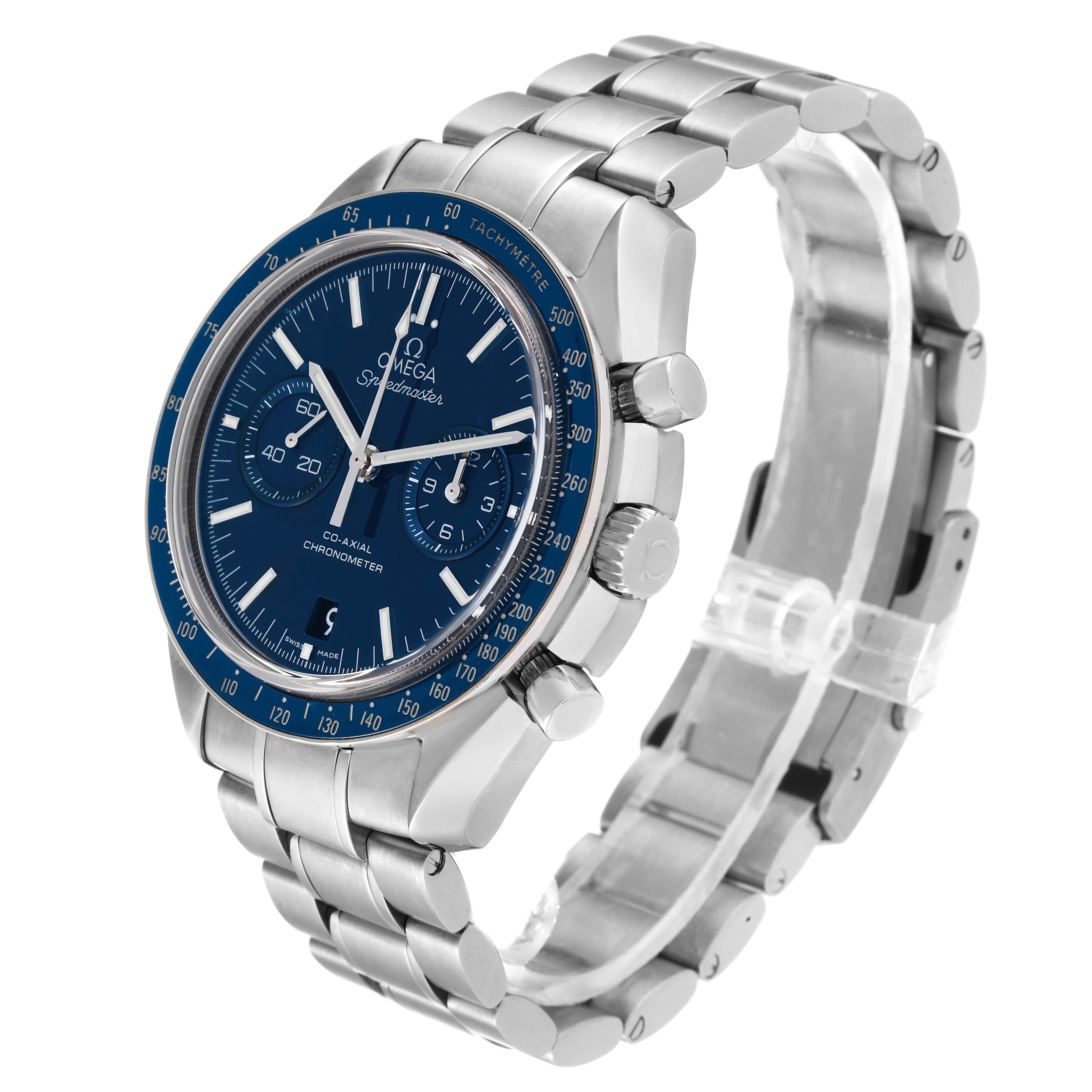 The Omega Speedmaster 311.90.44.51.03.001 Men's Stainless Steel Blue Dial 311.90.44.51.03.001 Men's Stainless Steel Blue Dial watch is shown at a three-quarter angle, displaying the face, bezel, and metal bracelet.