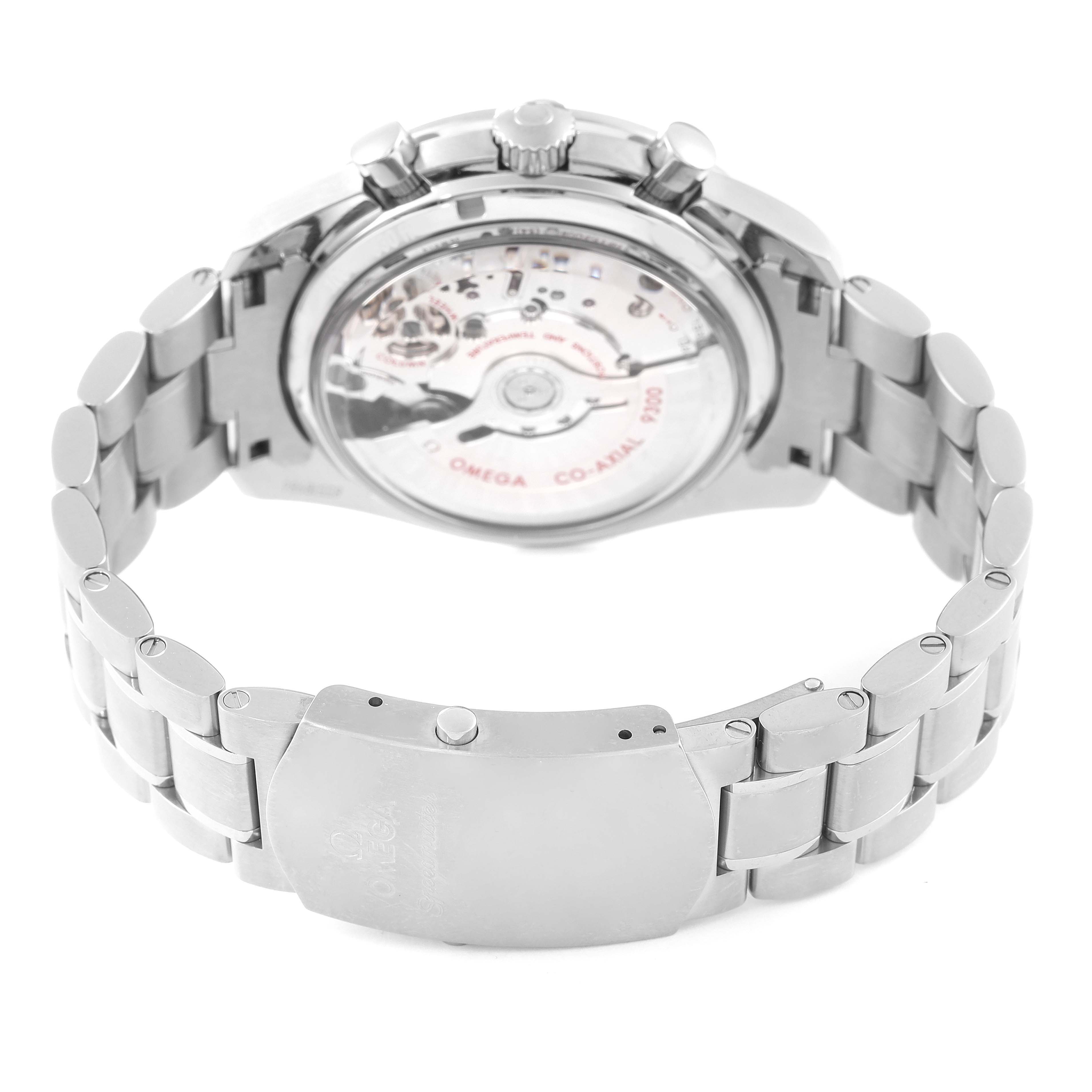 The image shows the back of the Omega Speedmaster 311.90.44.51.03.001 Men's Stainless Steel Blue Dial 311.90.44.51.03.001 Men's Stainless Steel Blue Dial watch, highlighting the exhibition case back and bracelet clasp.