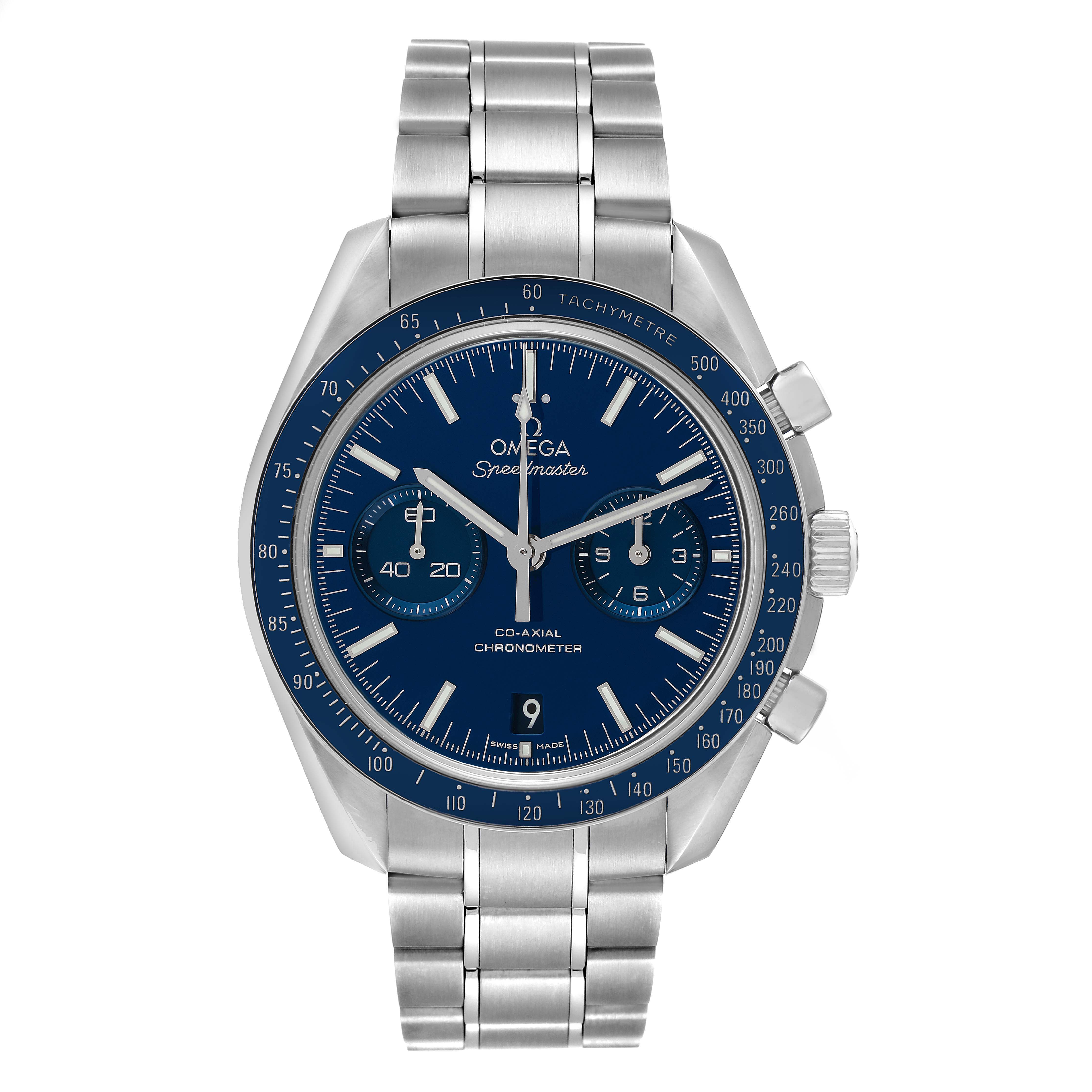 The image shows a front view of an Omega Speedmaster 311.90.44.51.03.001 Men's Stainless Steel Blue Dial 311.90.44.51.03.001 Men's Stainless Steel Blue Dial watch, displaying its face, bezel, and stainless steel bracelet.