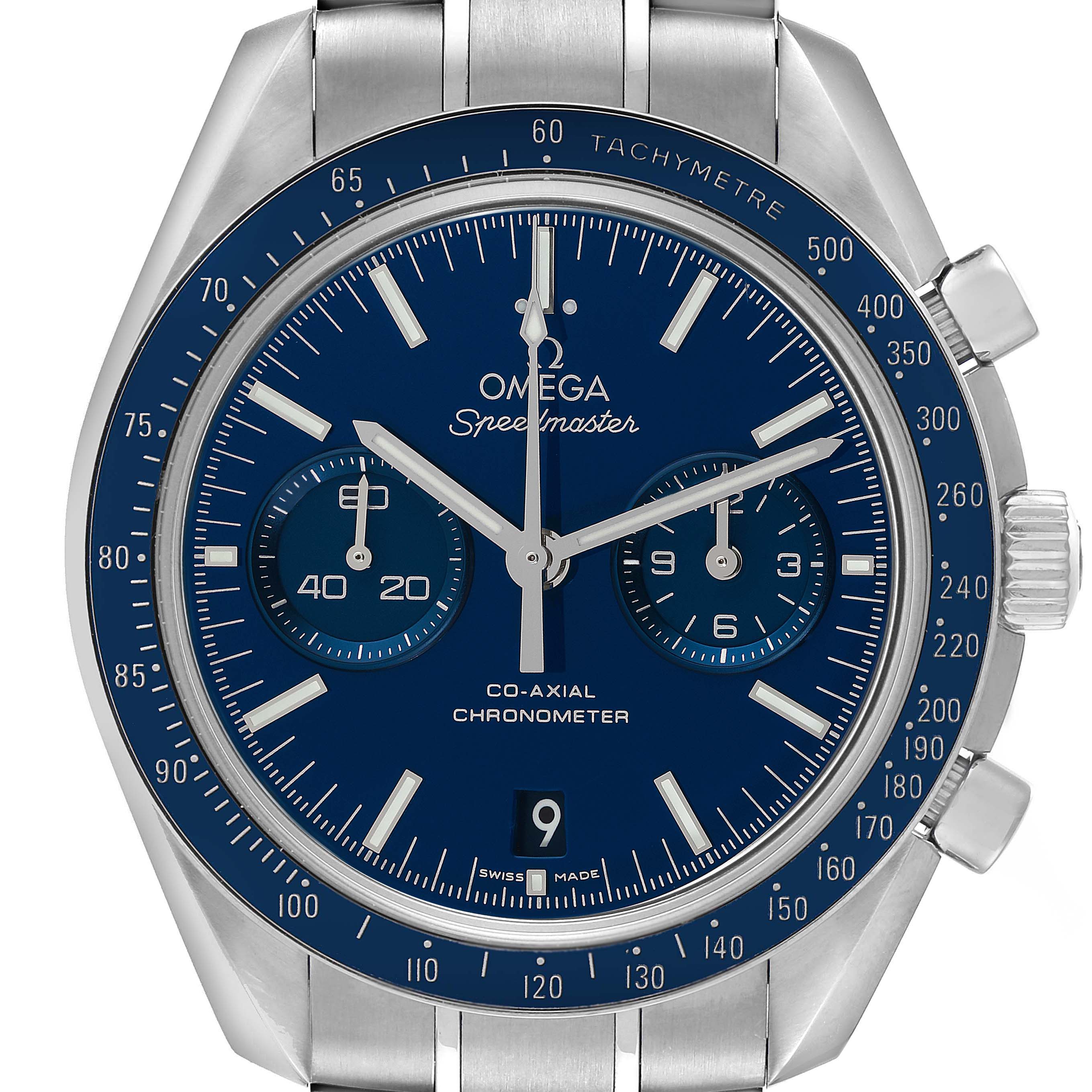The image shows the front view of the Omega Speedmaster 311.90.44.51.03.001 Men's Stainless Steel Blue Dial 311.90.44.51.03.001 Men's Stainless Steel Blue Dial watch, displaying its blue dial, tachymeter bezel, and chronograph sub-dials.