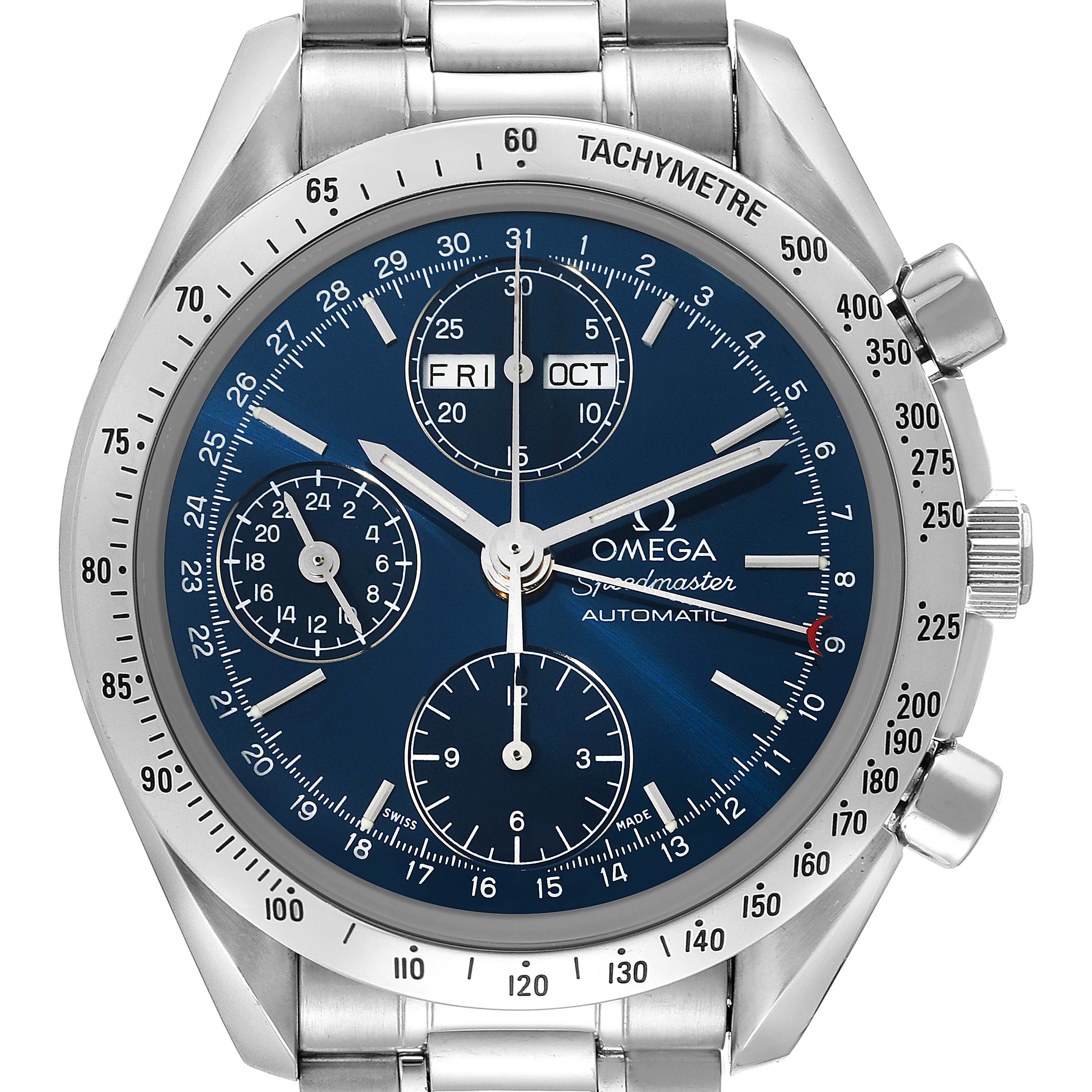 This image shows a frontal view of the Omega Speedmaster 3521.80.00 Men
s Stainless Steel Blue Dial 3521.80.00 Men
s Stainless Steel Blue Dial watch, highlighting the dial, chronograph subdials, and tachymeter bezel.