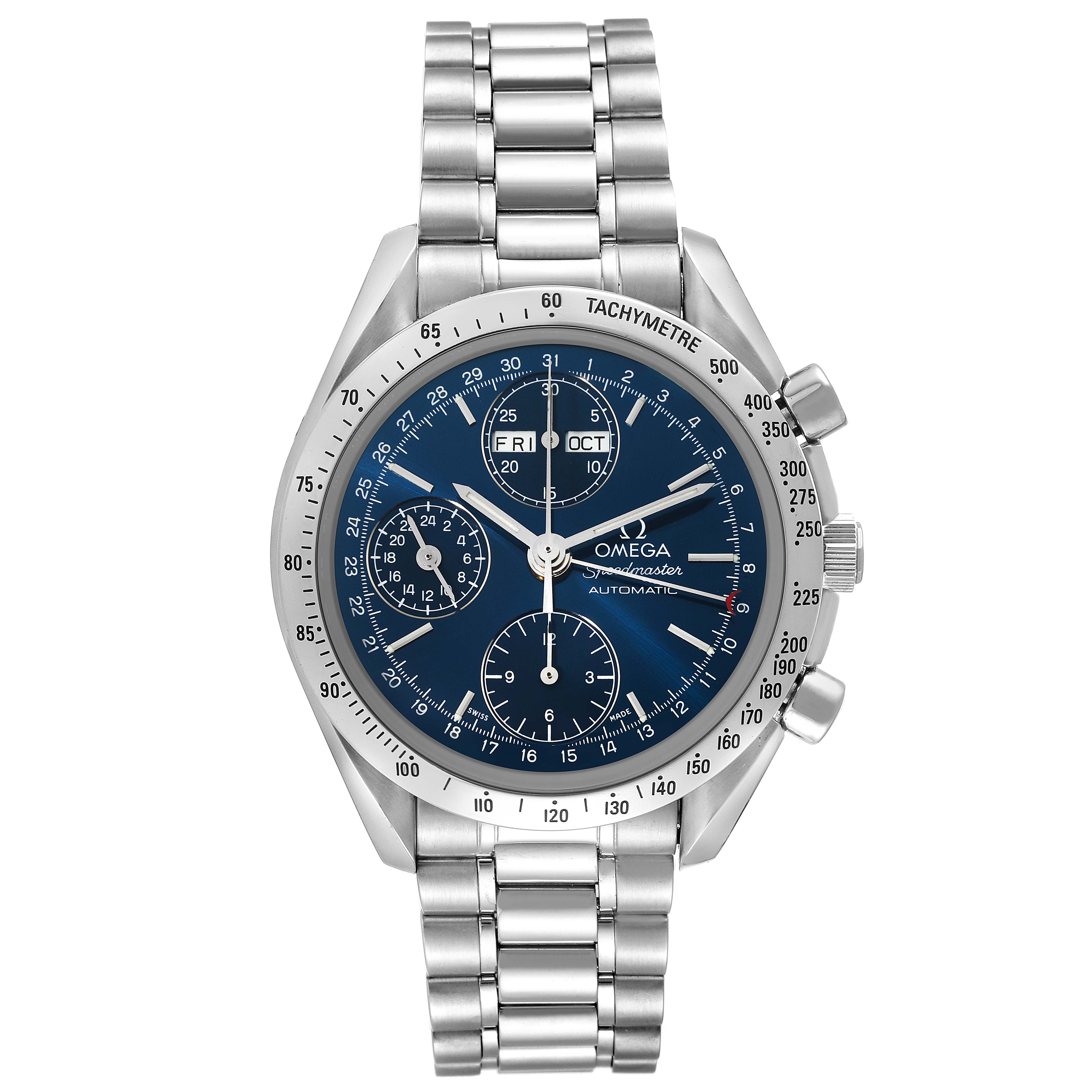 The image shows an Omega Speedmaster 3521.80.00 Men
s Stainless Steel Blue Dial 3521.80.00 Men
s Stainless Steel Blue Dial watch from a front angle, featuring its dial, bezel, and bracelet.