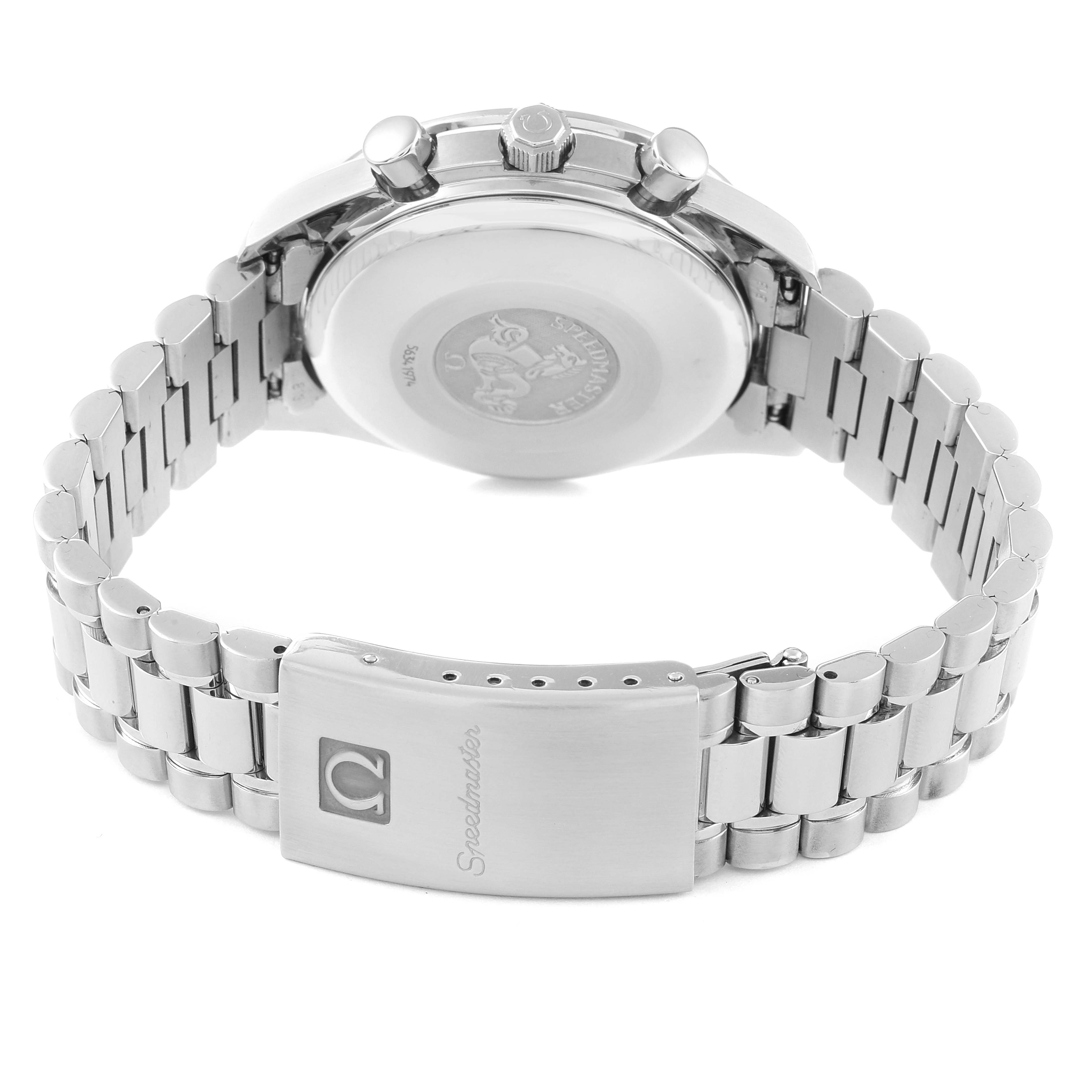 This image shows the back and bracelet clasp of an Omega Speedmaster 3521.80.00 Men
s Stainless Steel Blue Dial 3521.80.00 Men
s Stainless Steel Blue Dial watch, highlighting its stainless steel band.