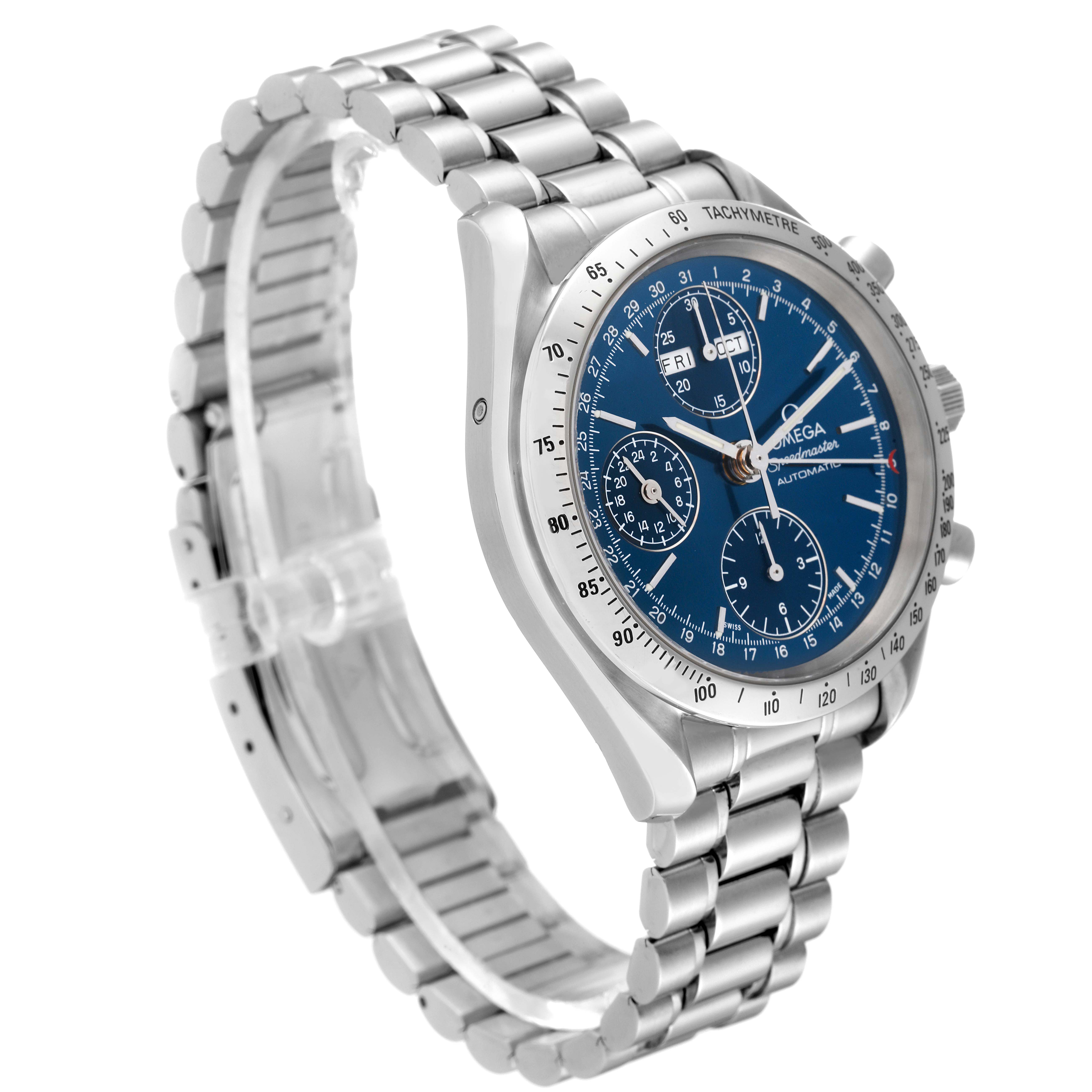 The Omega Speedmaster 3521.80.00 Men
s Stainless Steel Blue Dial 3521.80.00 Men
s Stainless Steel Blue Dial watch is shown at an angle highlighting its dial, bezel, and stainless steel bracelet.