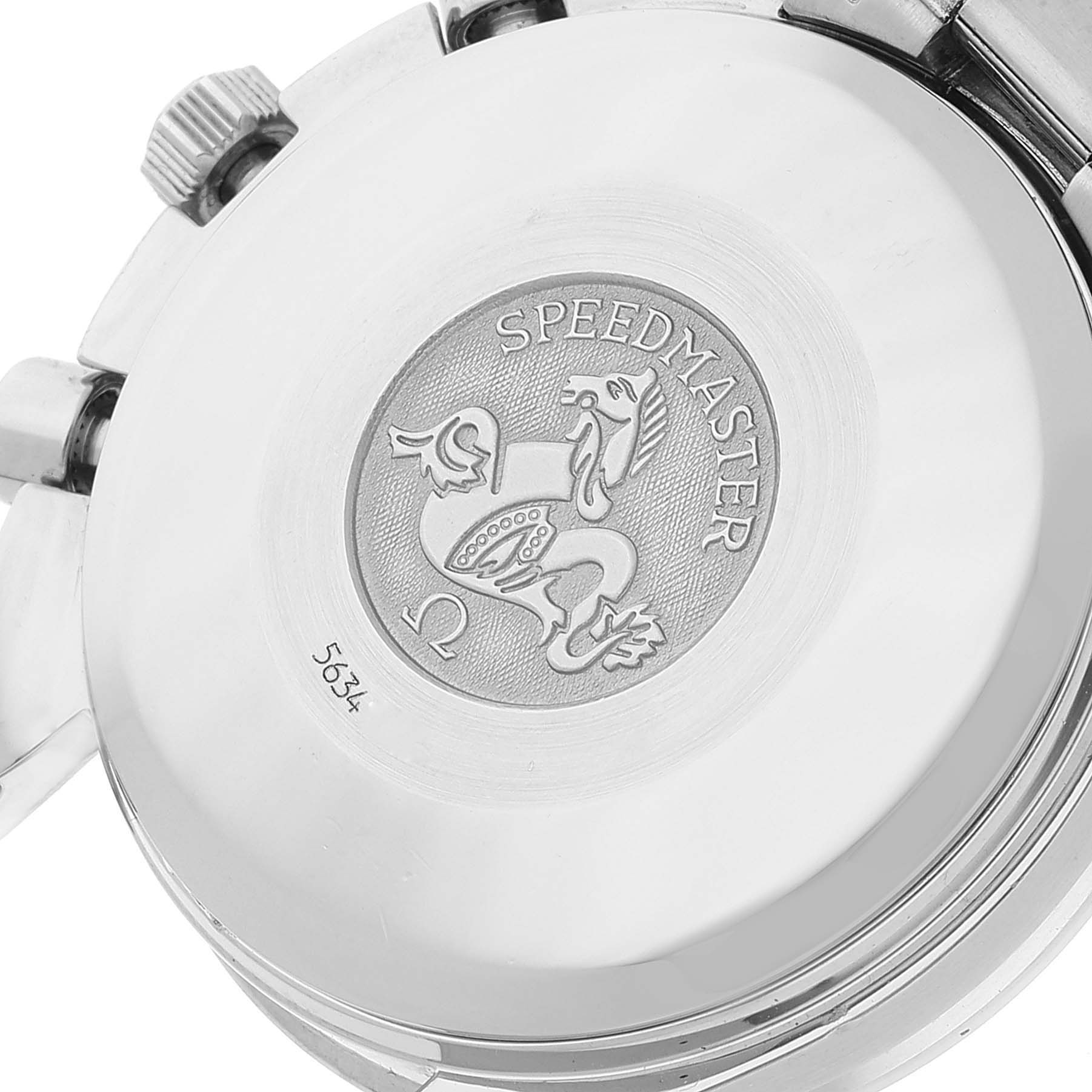 The image shows the case back of an Omega Speedmaster 3521.80.00 Men
s Stainless Steel Blue Dial 3521.80.00 Men
s Stainless Steel Blue Dial watch, featuring the Speedmaster logo and some engraved details.