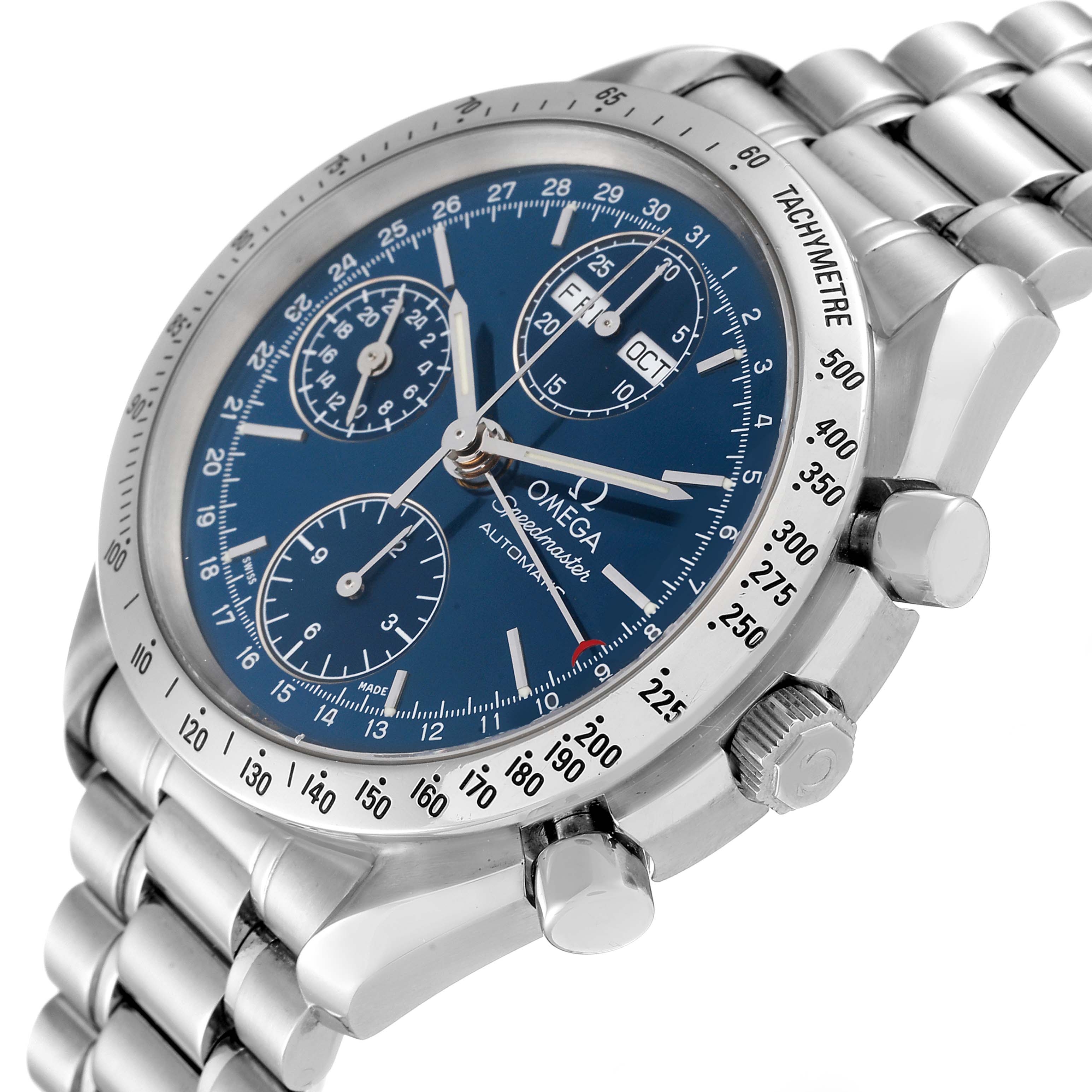 The image shows an Omega Speedmaster 3521.80.00 Men
s Stainless Steel Blue Dial 3521.80.00 Men
s Stainless Steel Blue Dial watch at an angle, displaying its blue dial, bezel, chronograph subdials, and stainless steel bracelet.