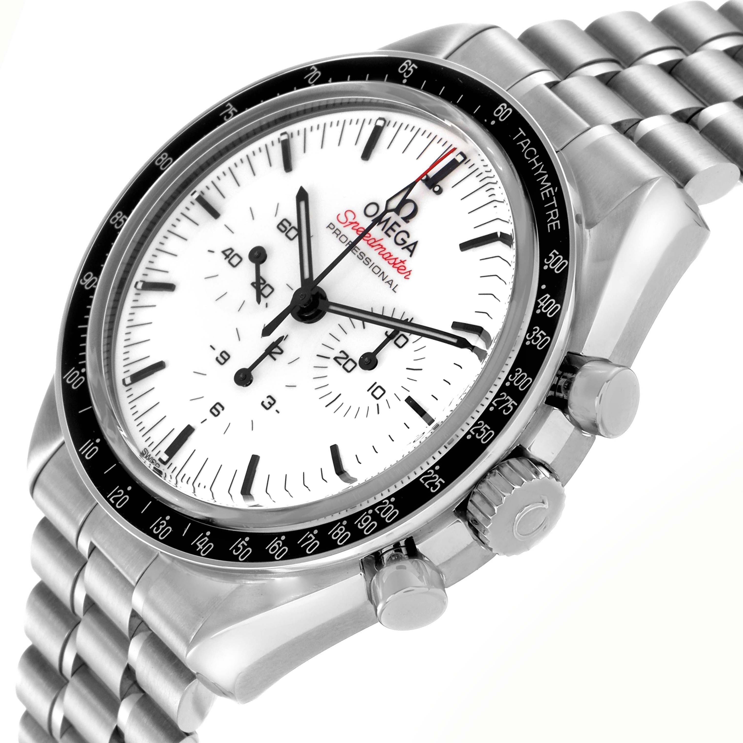 The image shows an Omega Speedmaster (model 310.30.42.50.04.001) at a slight angle highlighting the face, tachymeter bezel, crown, pushers, and bracelet.