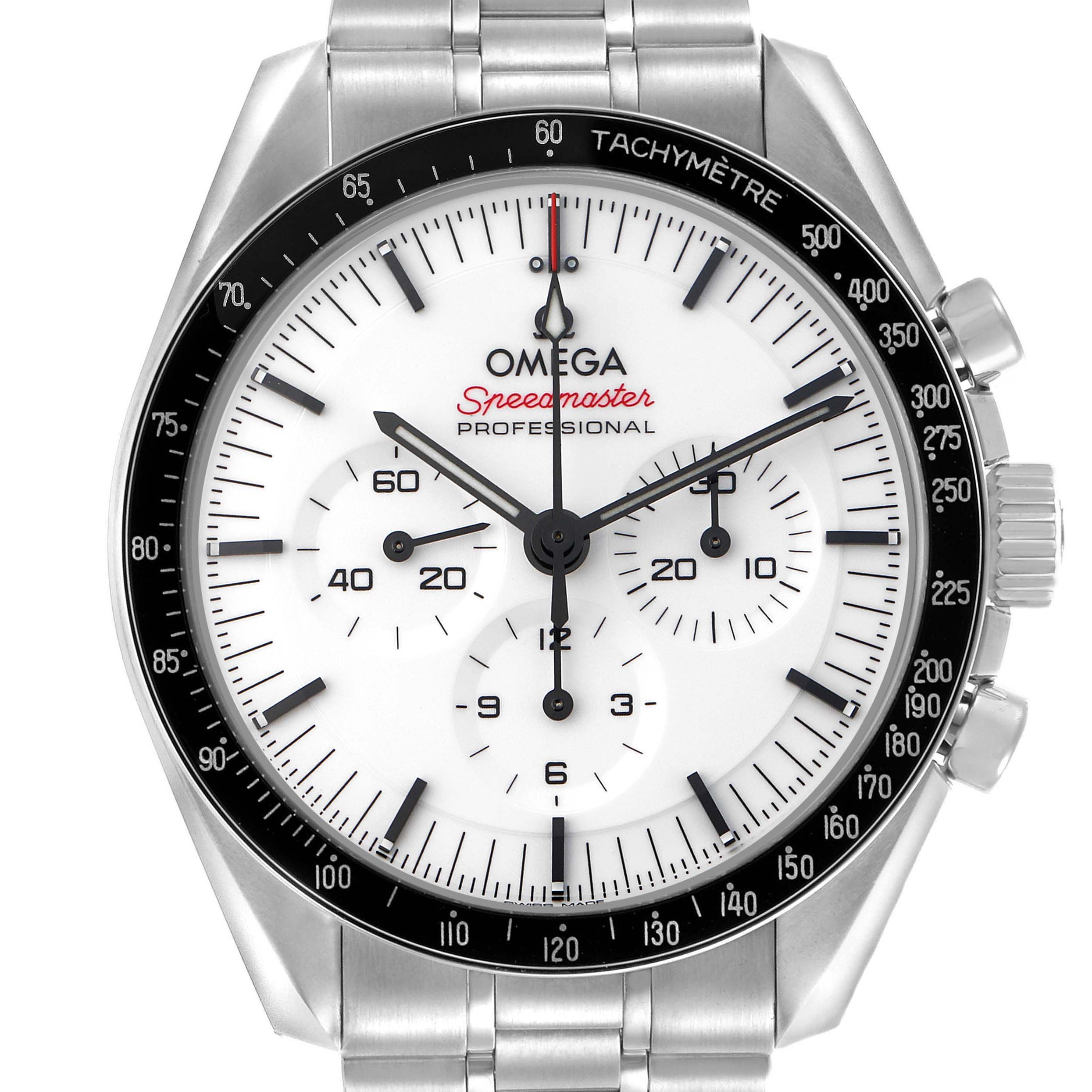 The image shows a front view of the Omega Speedmaster model 310.30.42.50.04.001, highlighting the white dial, subdials, and stainless steel bracelet.