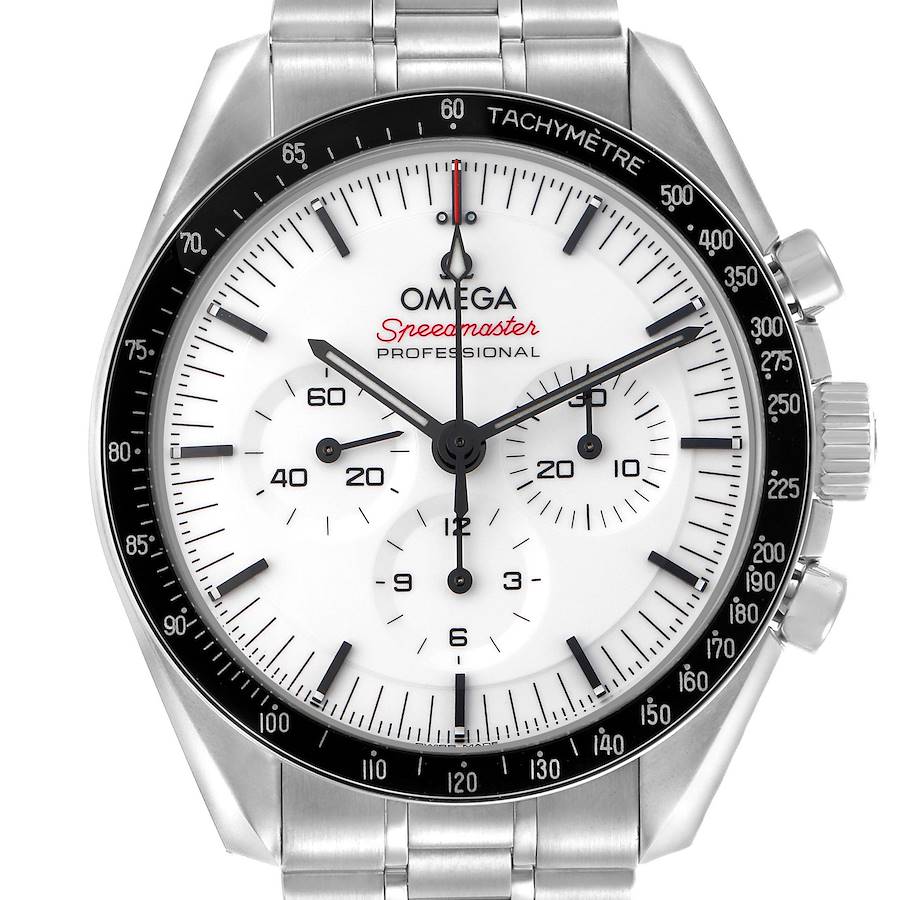The image shows a front view of the Omega Speedmaster model 310.30.42.50.04.001, highlighting the white dial, subdials, and stainless steel bracelet.