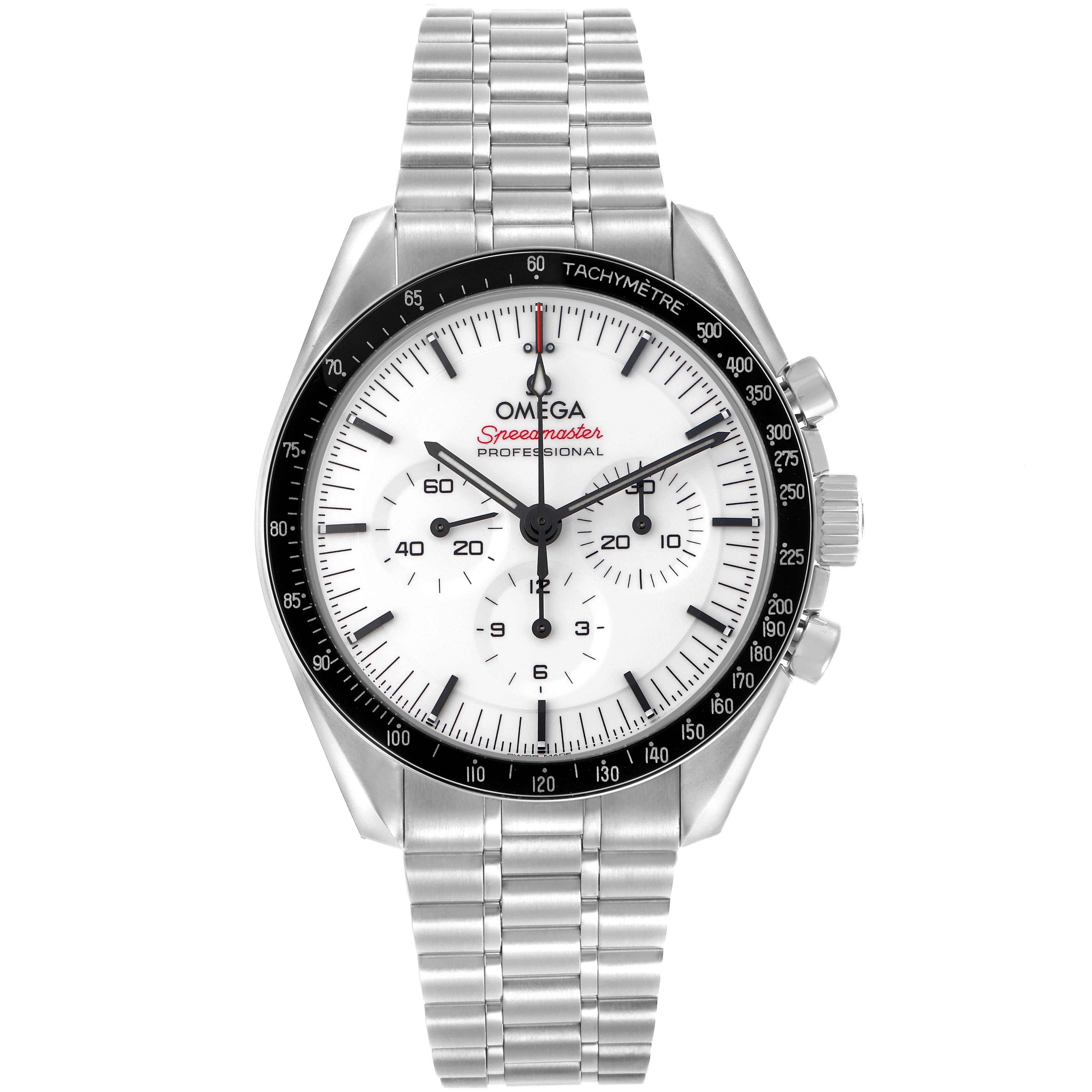 The Omega Speedmaster model 310.30.42.50.04.001 is shown from a front angle, displaying the watch face, bezel, and stainless steel bracelet.
