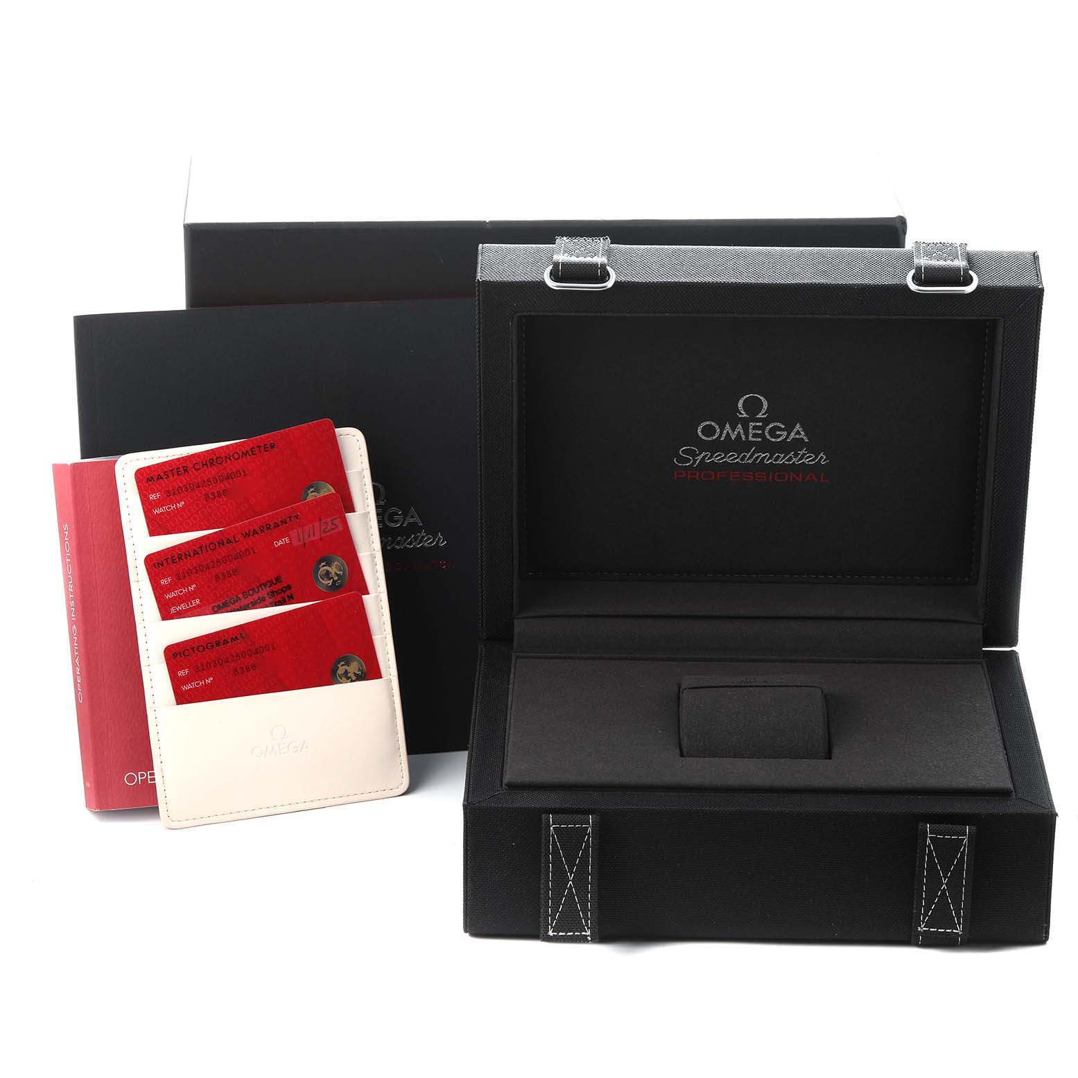 The image shows the packaging and accessories of an Omega Speedmaster model 310.30.42.50.04.001 men's watch, including the box and instruction cards.