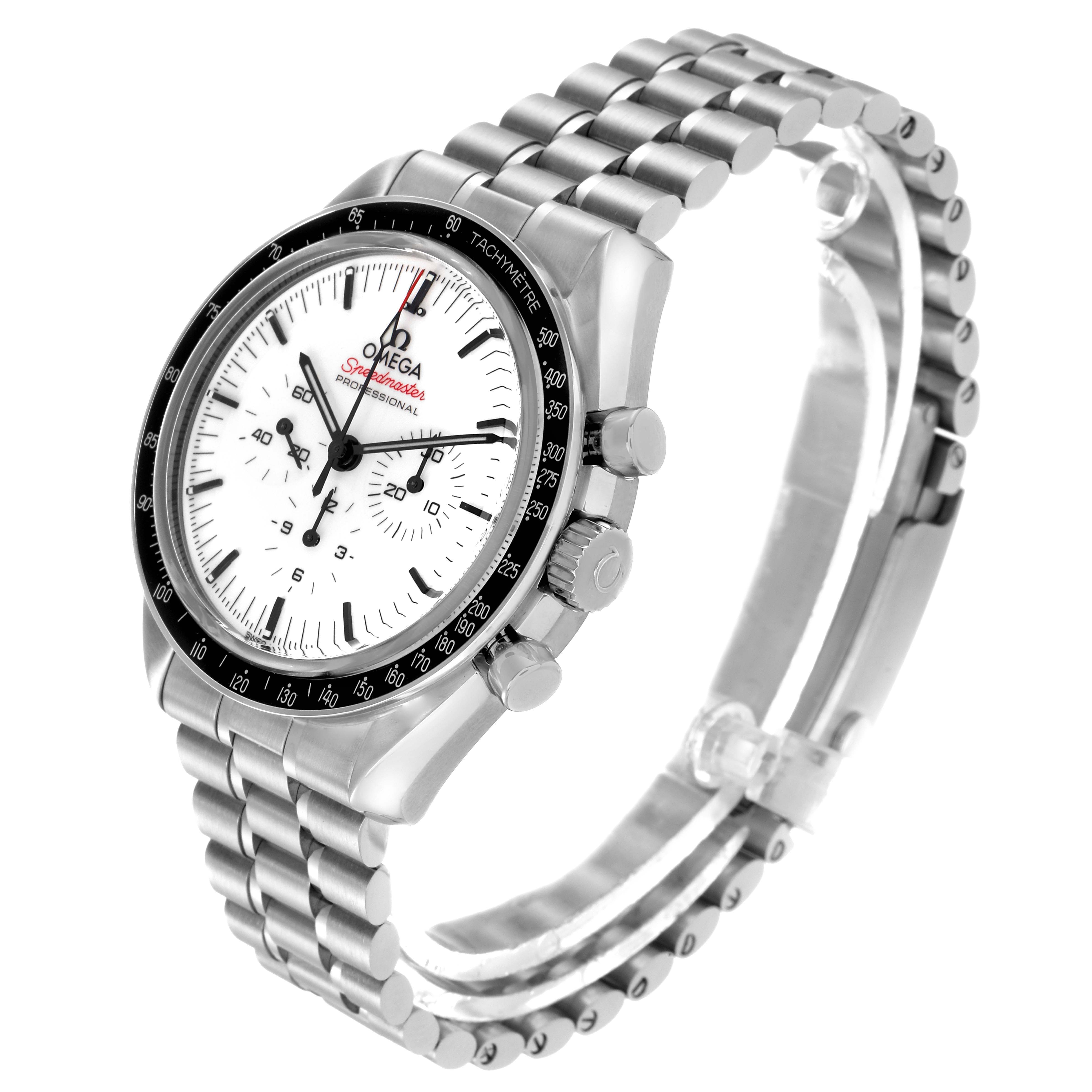 The Omega Speedmaster model 310.30.42.50.04.001 is shown from a three-quarter angle, displaying the face, tachymeter bezel, and a portion of the stainless steel bracelet.