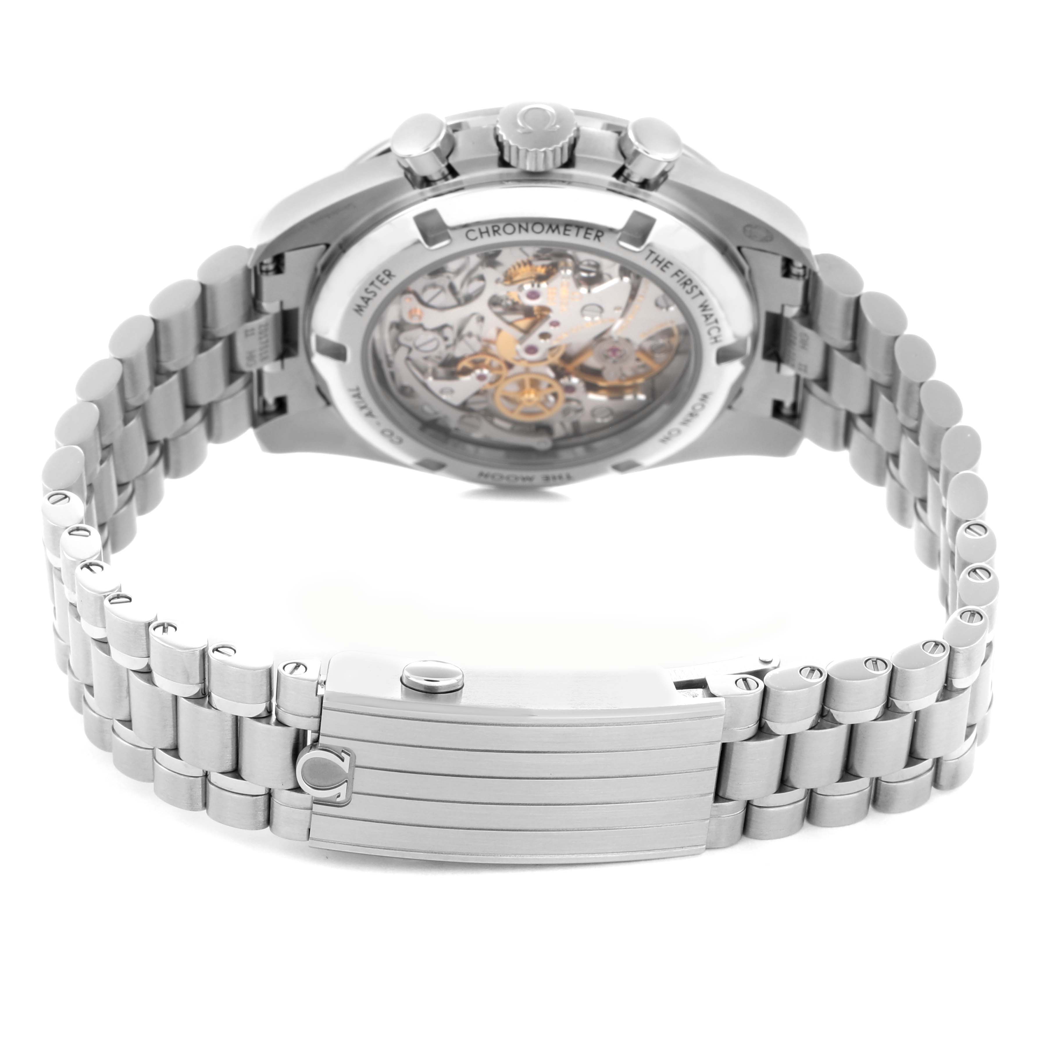 The Omega Speedmaster model 310.30.42.50.04.001 is shown from the back, highlighting the bracelet and transparent case back with visible movement.