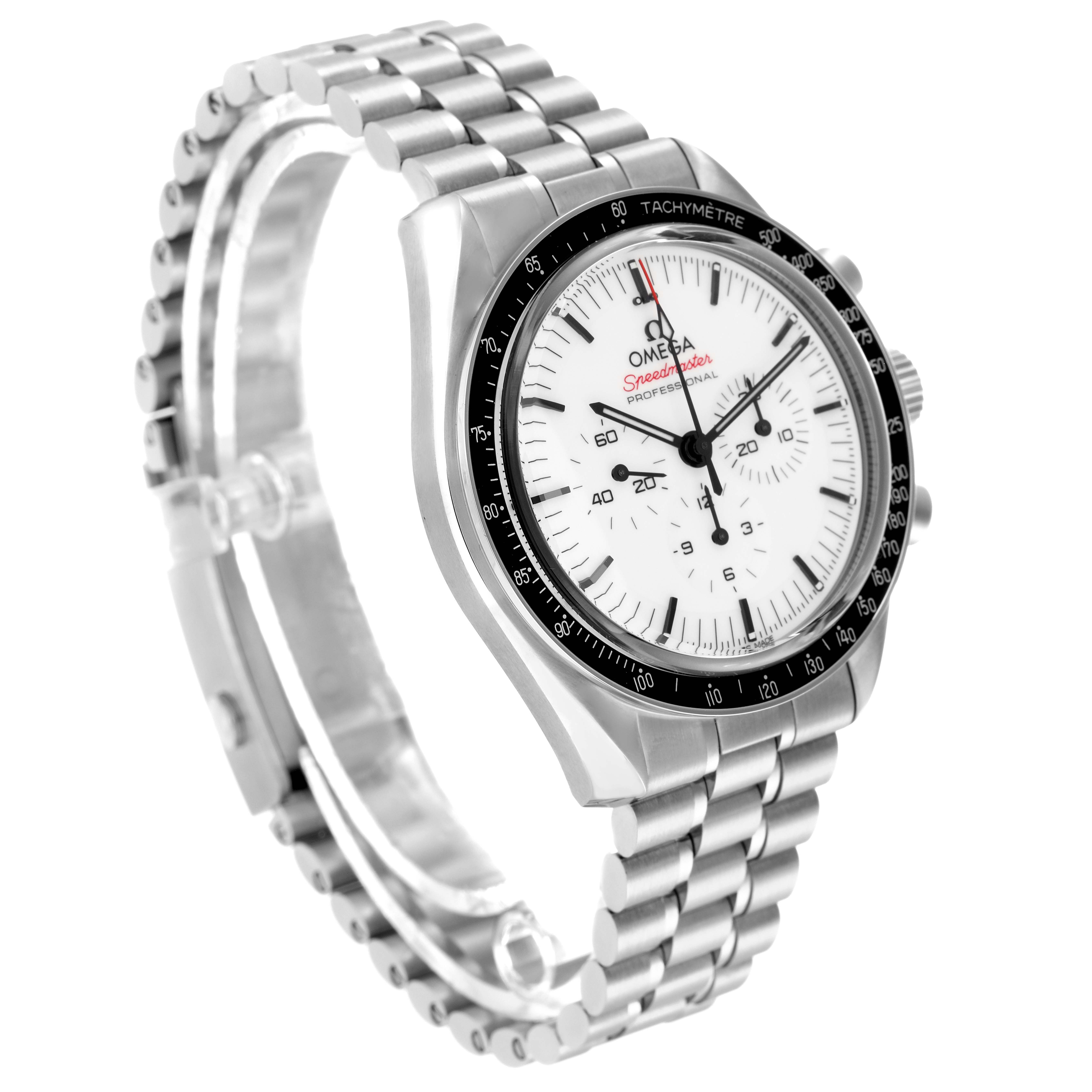 The Omega Speedmaster model 310.30.42.50.04.001 is shown at a three-quarter angle, displaying the face, tachymetre bezel, chronograph dials, and metal bracelet clearly.