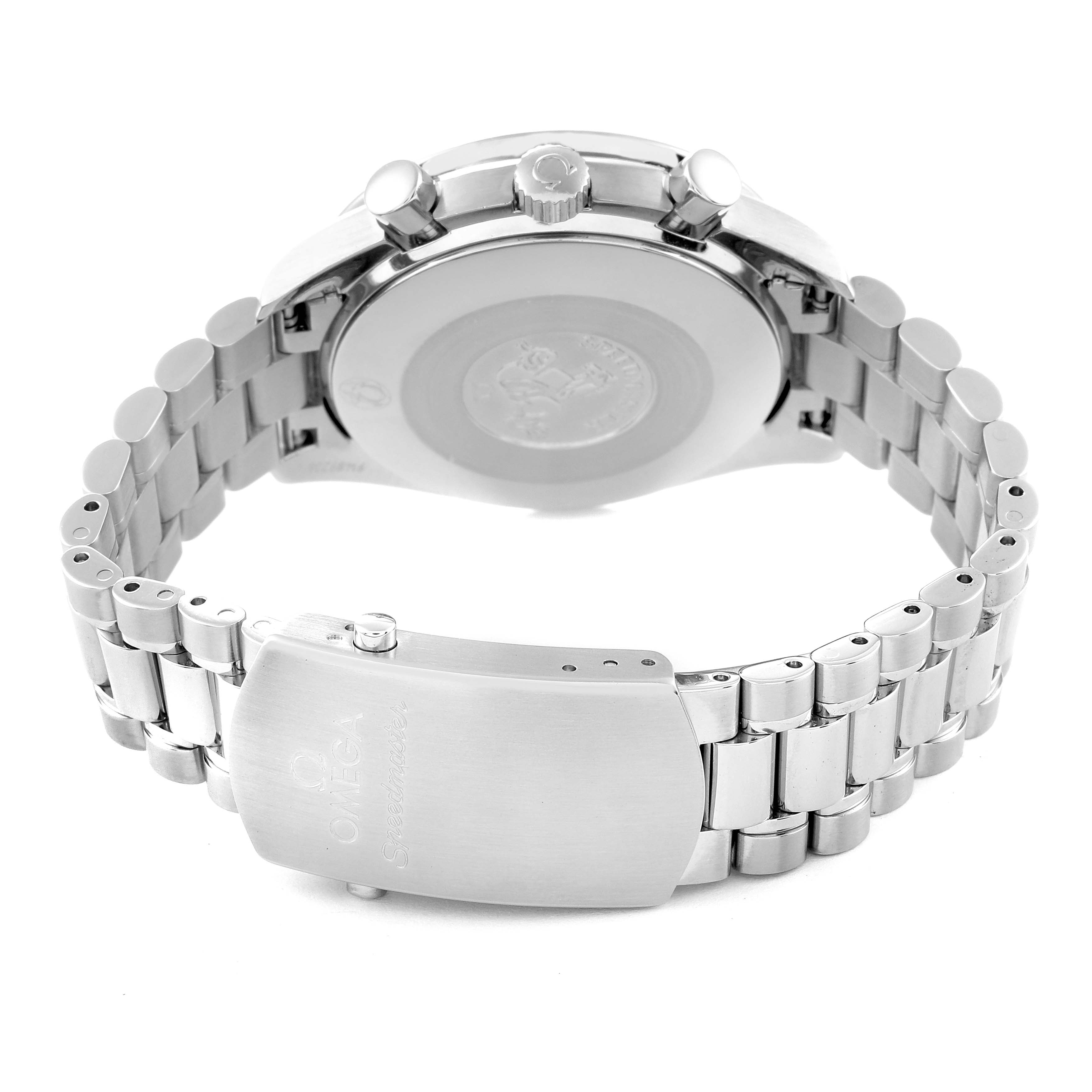 The image shows the back view of an Omega Speedmaster 3539.50.00 Men
s Stainless Steel Black Dial 3539.50.00 Men
s Stainless Steel Black Dial watch, highlighting its case back, crown, pushers, and metal bracelet clasp.