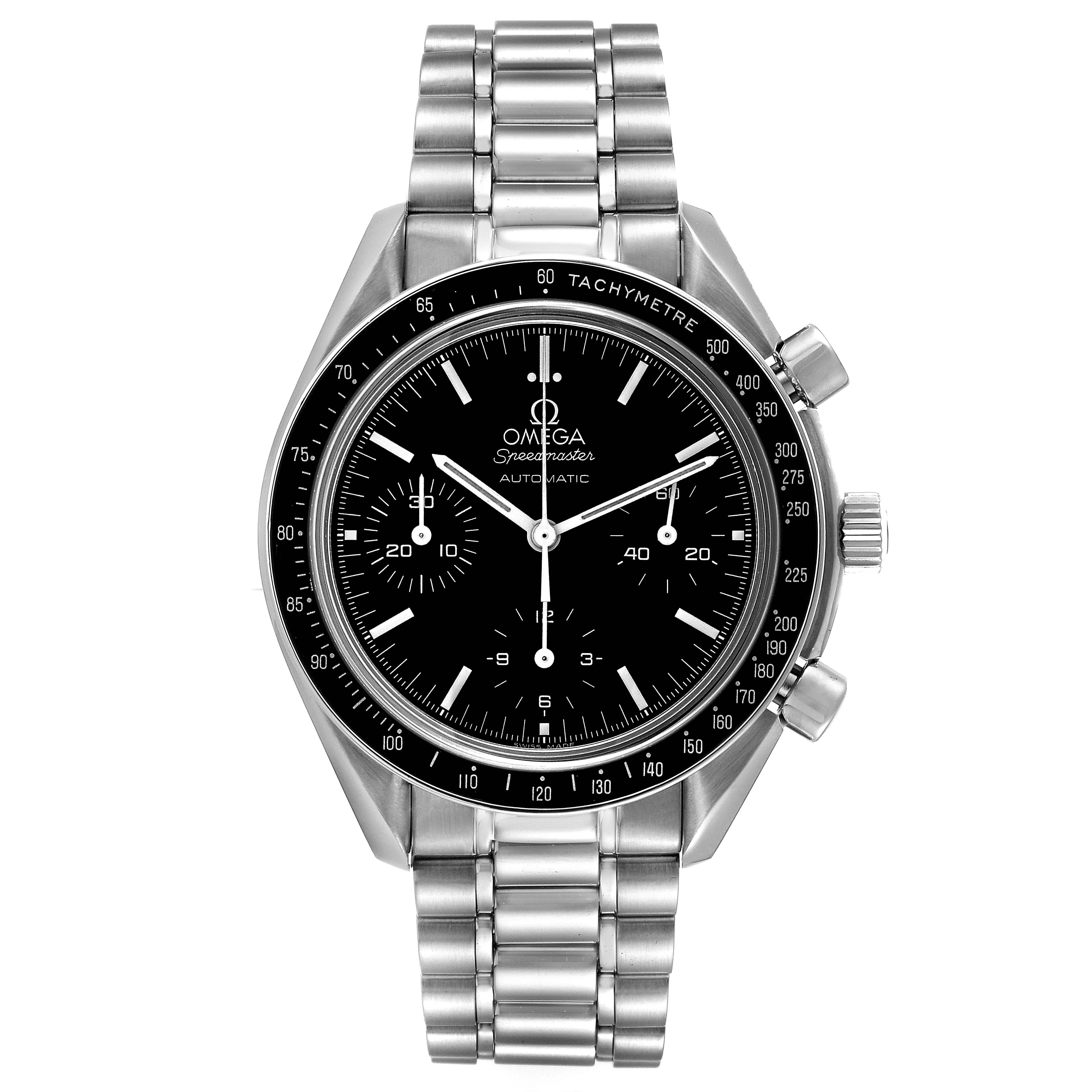 This image shows the front view of an Omega Speedmaster 3539.50.00 Men
s Stainless Steel Black Dial 3539.50.00 Men
s Stainless Steel Black Dial watch, clearly displaying its face, bezel, and bracelet.