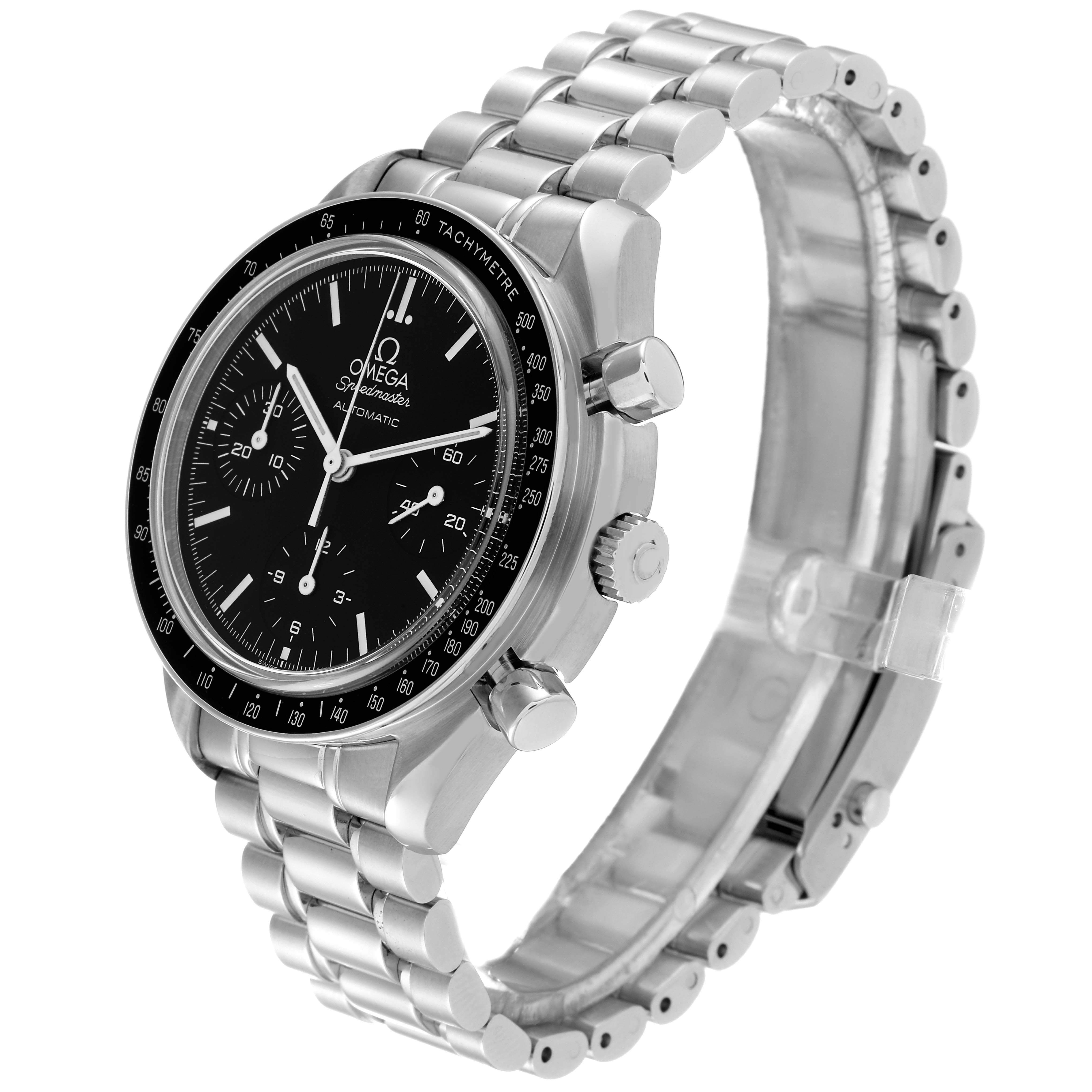 The image shows an Omega Speedmaster 3539.50.00 Men
s Stainless Steel Black Dial 3539.50.00 Men
s Stainless Steel Black Dial watch from an angled side view, highlighting the face, bezel, crown, pushers, and bracelet.