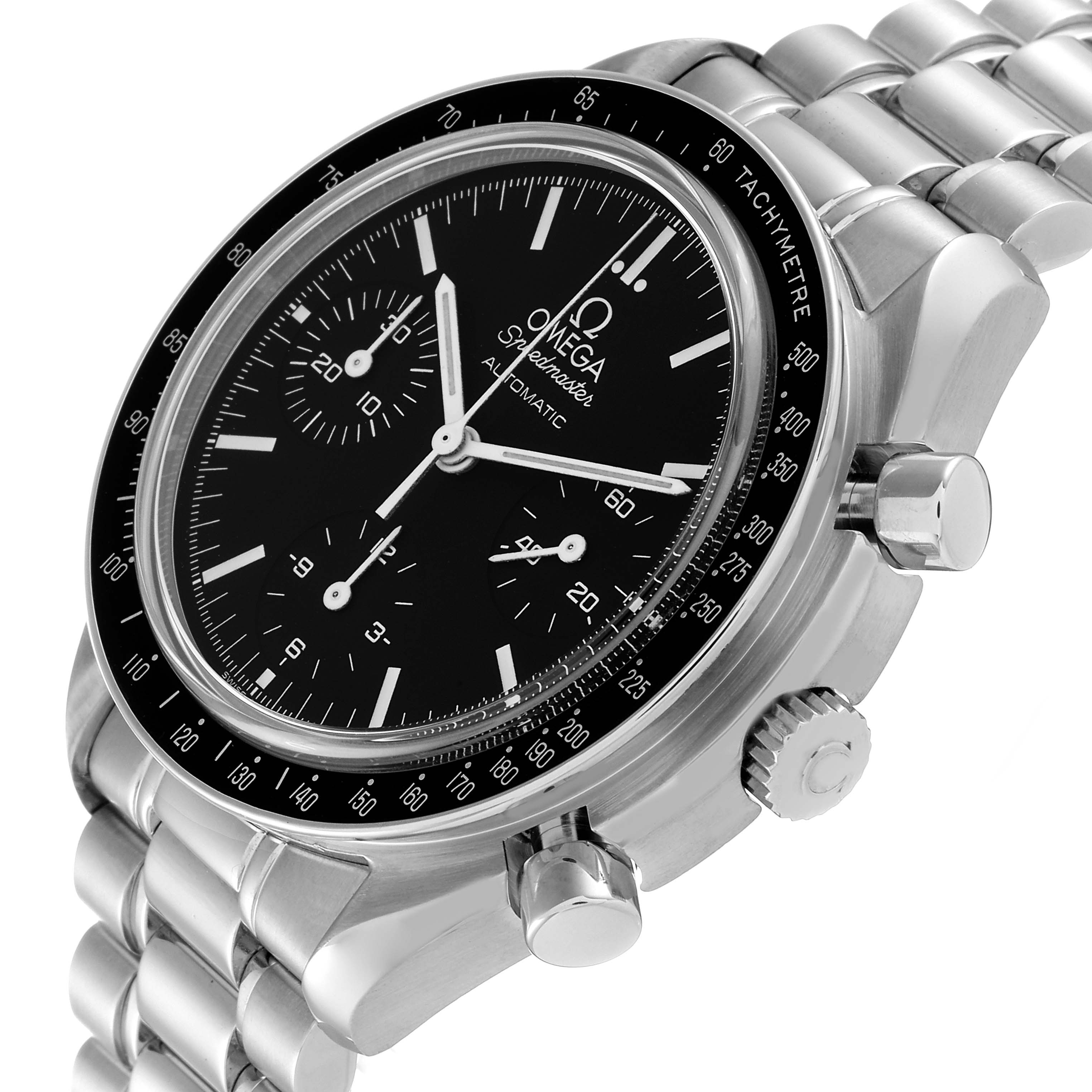 The image shows a close-up side angle of the Omega Speedmaster 3539.50.00 Men
s Stainless Steel Black Dial 3539.50.00 Men
s Stainless Steel Black Dial watch, including its bracelet, dial, and crown.