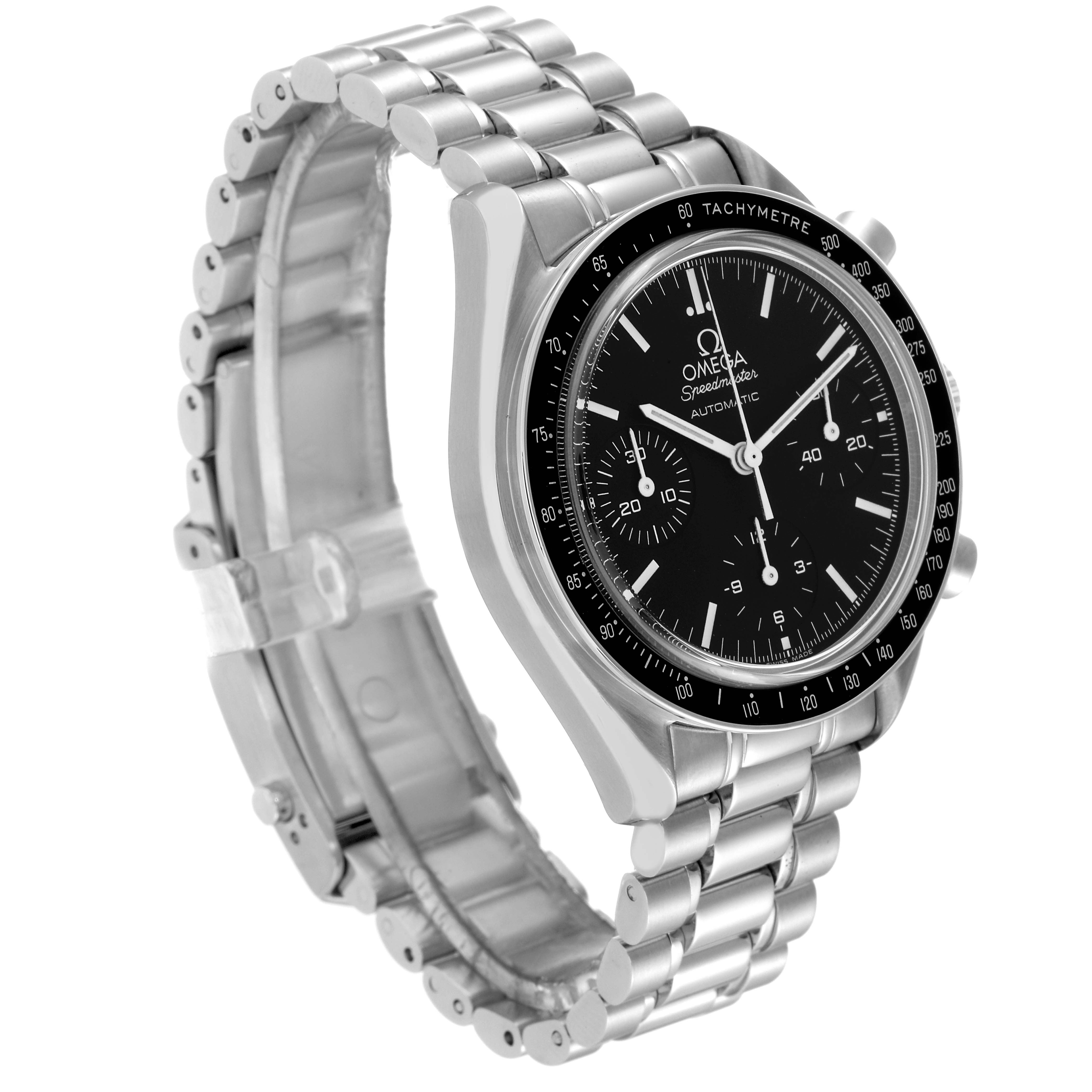 The image shows a side angle of an Omega Speedmaster 3539.50.00 Men
s Stainless Steel Black Dial 3539.50.00 Men
s Stainless Steel Black Dial watch, highlighting its stainless steel band and black tachymeter bezel.