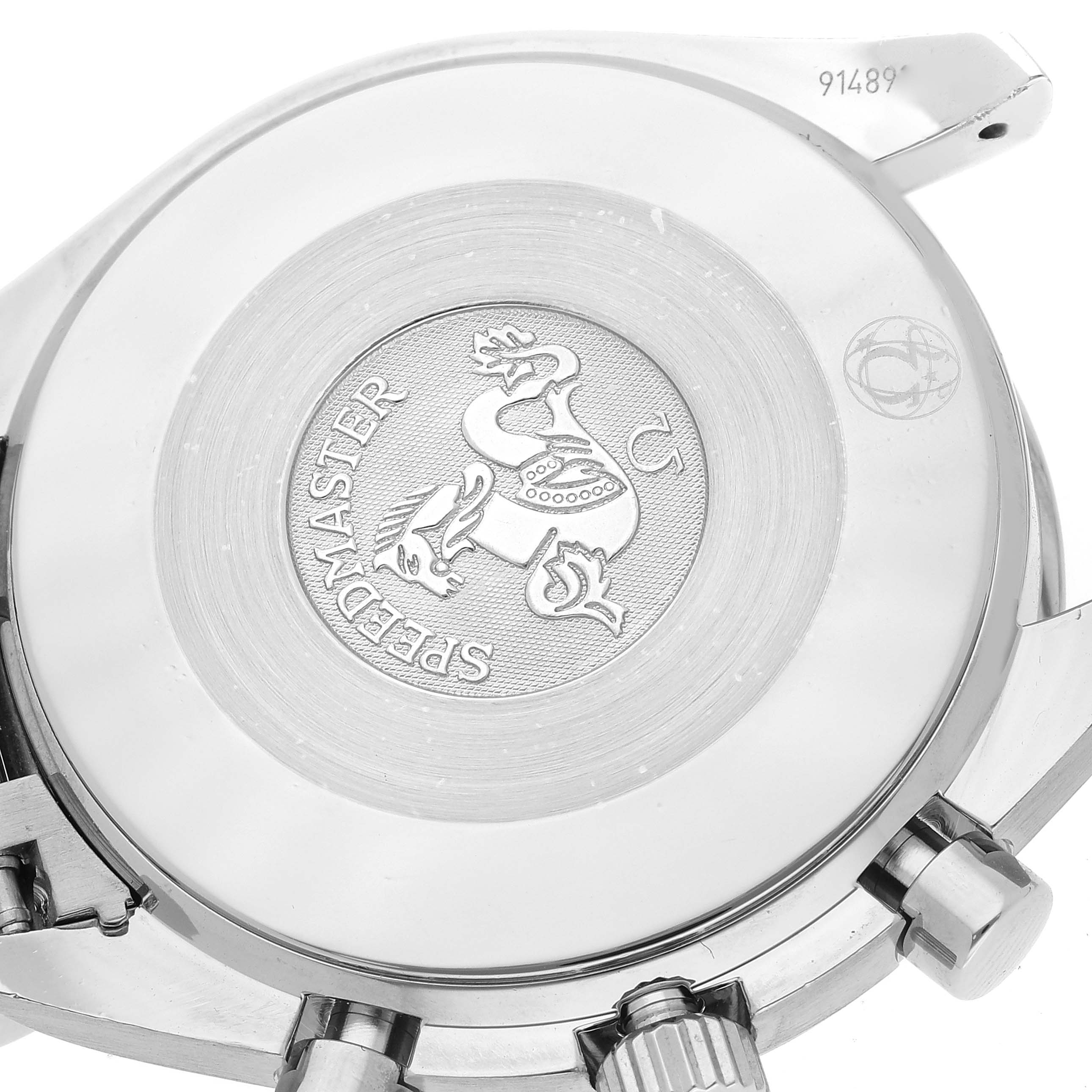 The image shows the case back of an Omega Speedmaster 3539.50.00 Men
s Stainless Steel Black Dial 3539.50.00 Men
s Stainless Steel Black Dial watch with its engraved emblem and part of the lugs and crown.