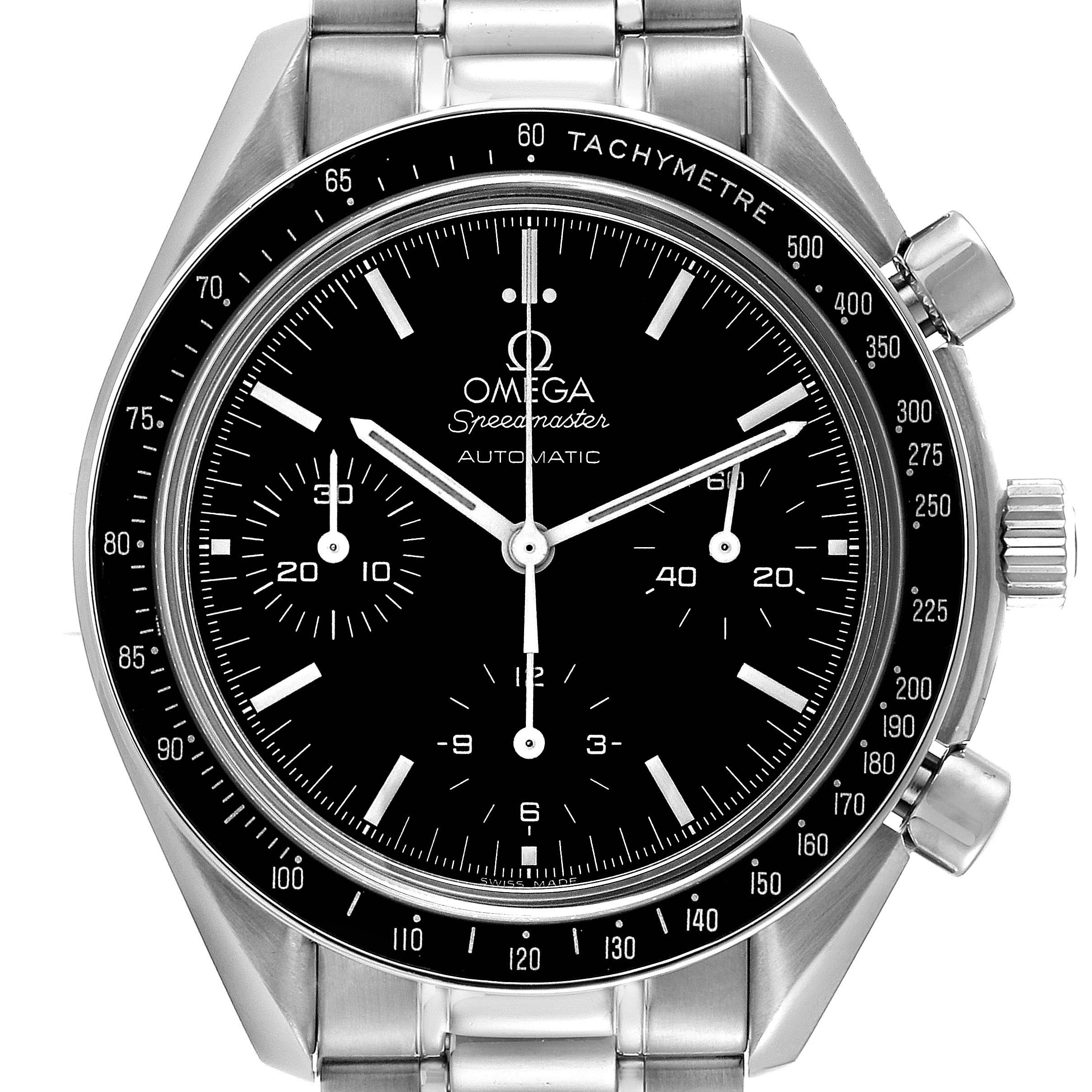 The image shows a frontal view of the Omega Speedmaster 3539.50.00 Men
s Stainless Steel Black Dial 3539.50.00 Men
s Stainless Steel Black Dial watch, highlighting its black dial, sub-dials, and stainless steel case and bracelet.