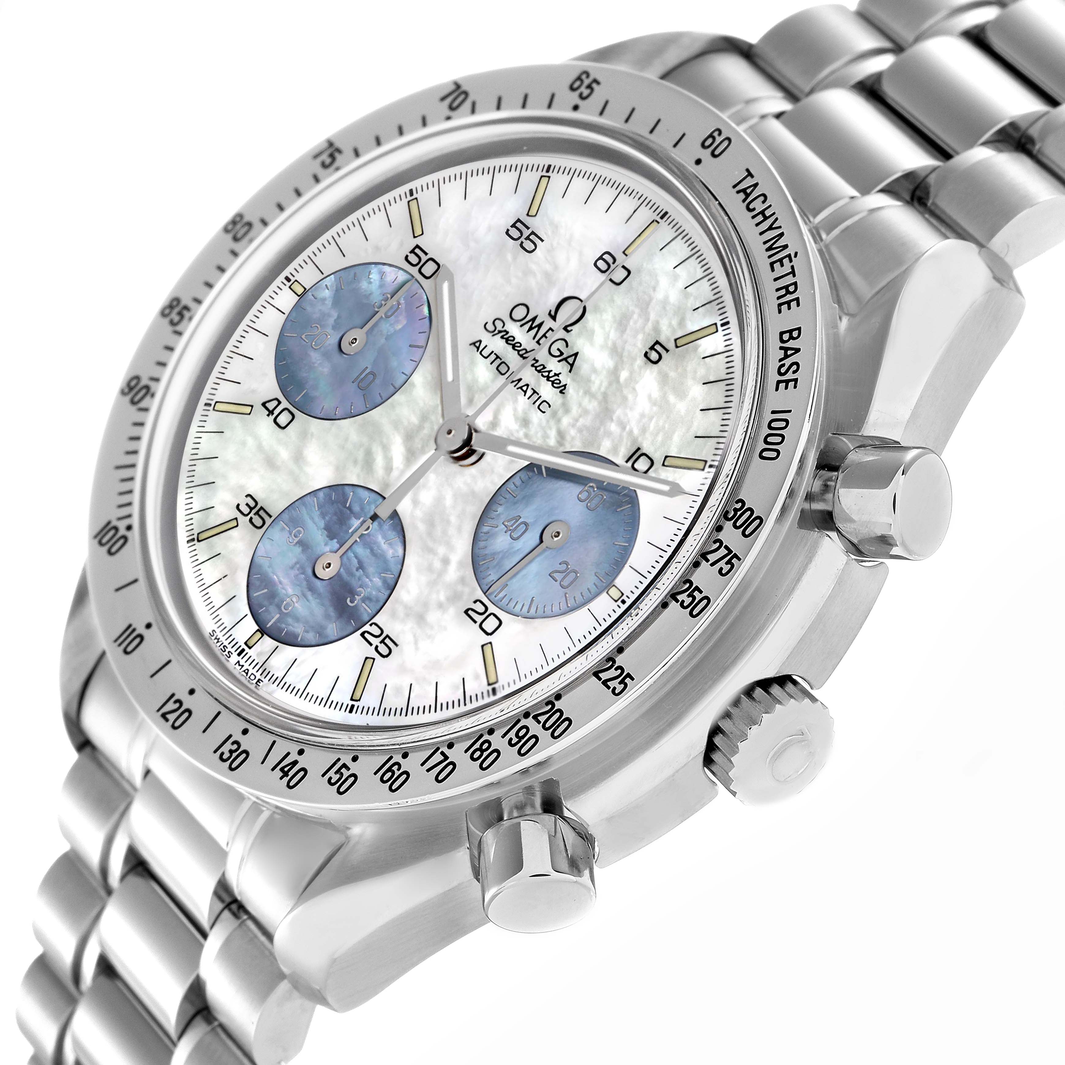 The Omega Speedmaster model 3502.74.00 is shown at a three-quarter angle, displaying the face, bezel, pushers, and part of the bracelet in detail.