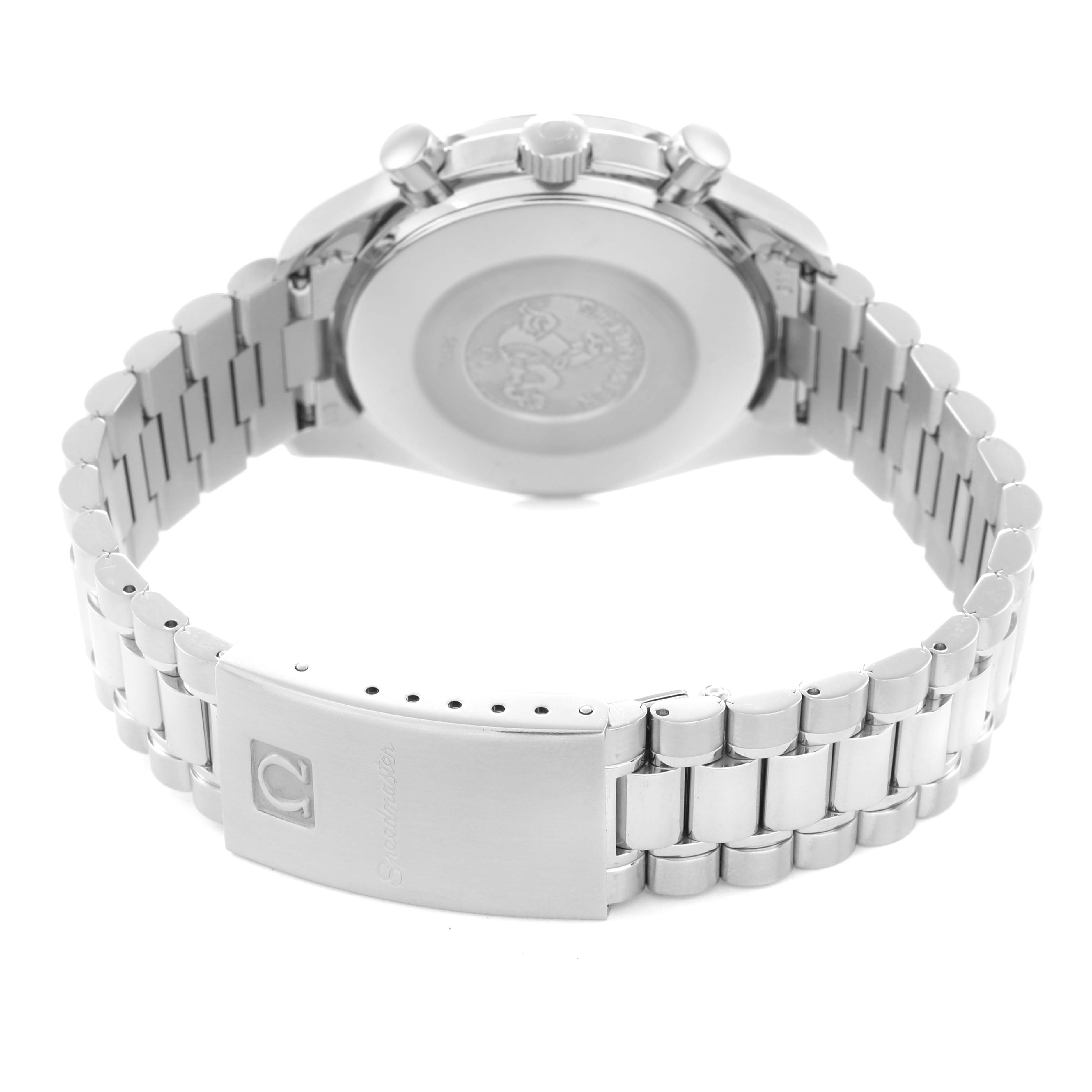 The image shows the back and clasp of the Omega Speedmaster model 3502.74.00, highlighting the stainless steel bracelet and case back engravings.