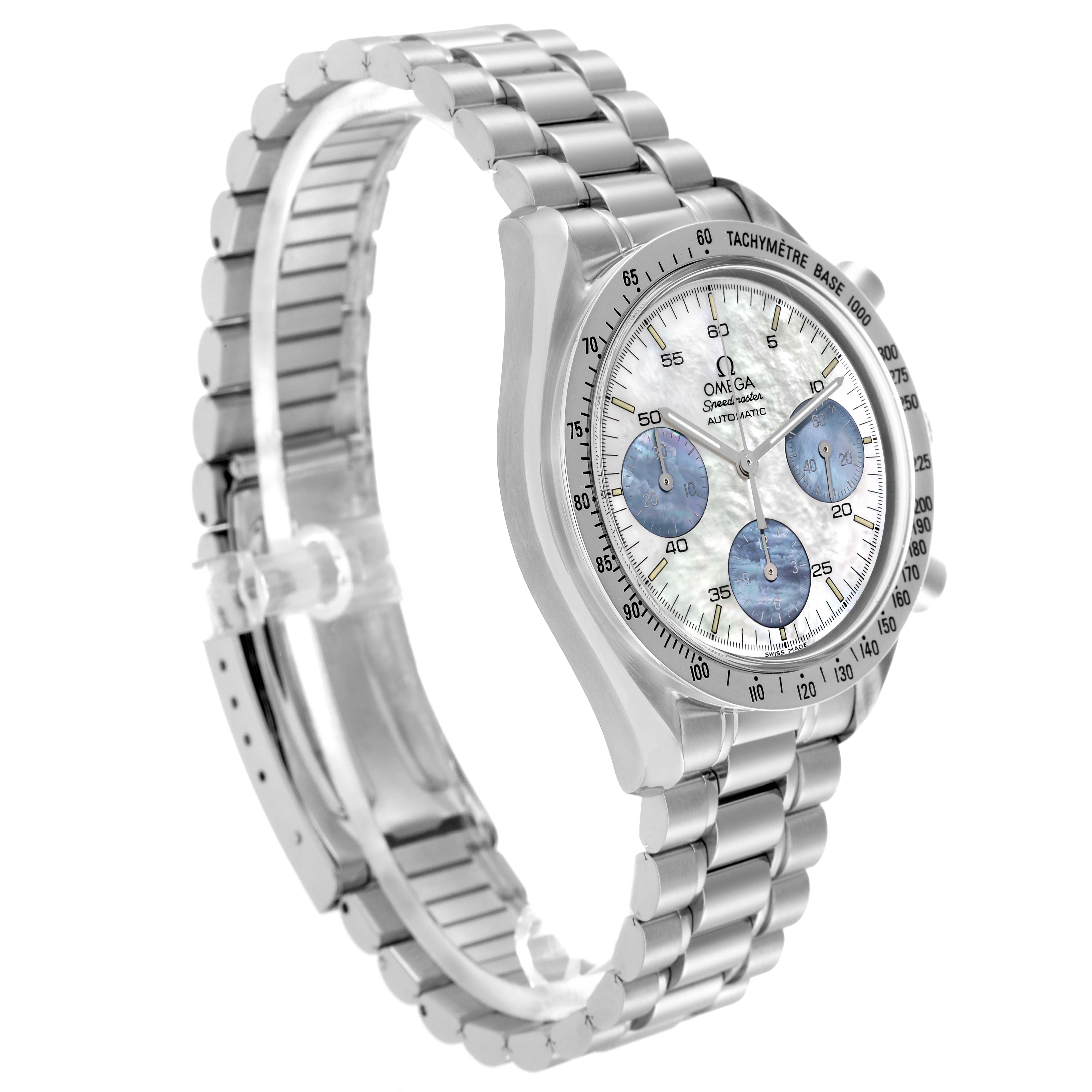 The Omega Speedmaster model 3502.74.00 is shown at a slight side angle, featuring the watch face, tachymetric bezel, and stainless steel bracelet.