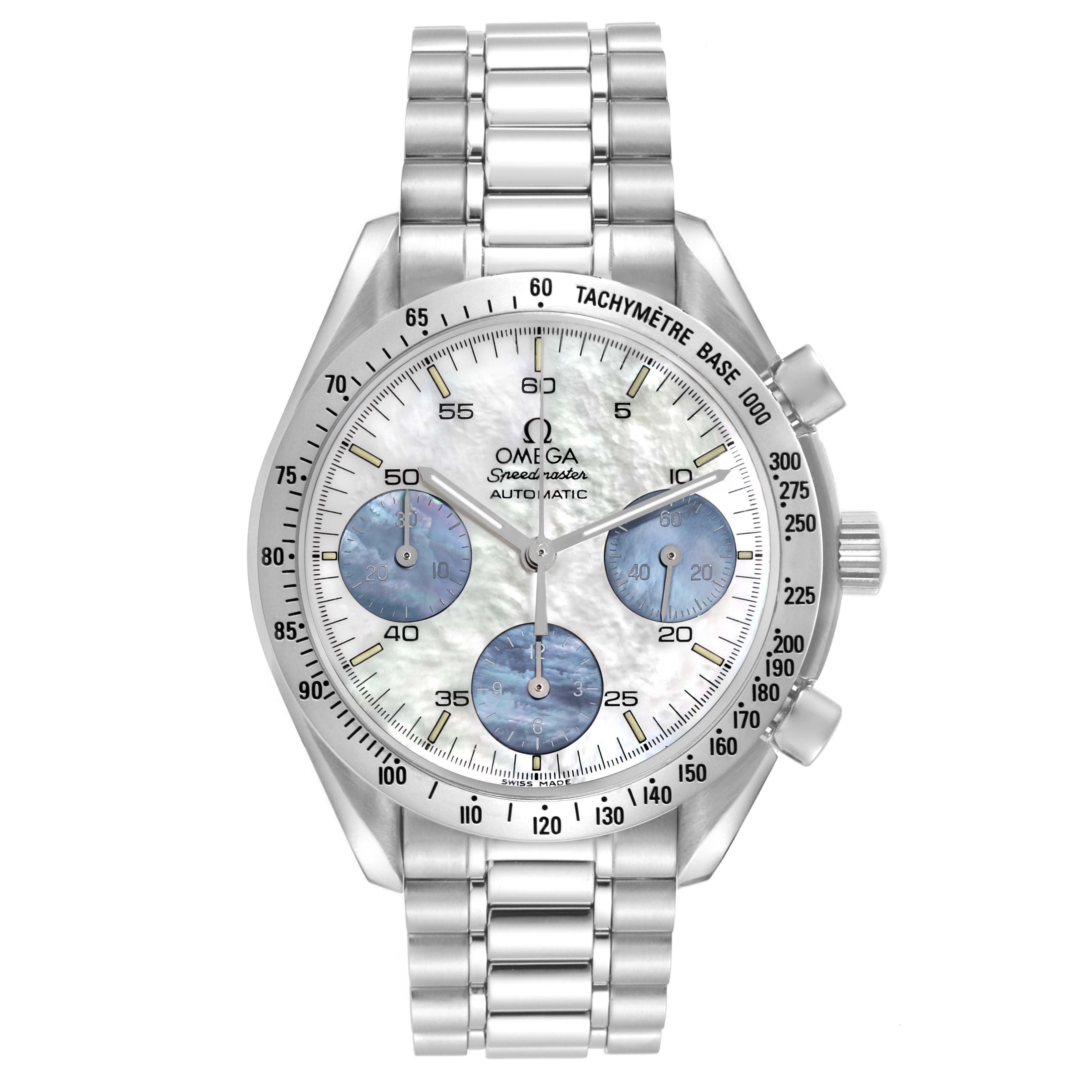 The Omega Speedmaster model 3502.74.00 is shown from a front angle, displaying the dial, subdials, tachymeter bezel, and metal bracelet.