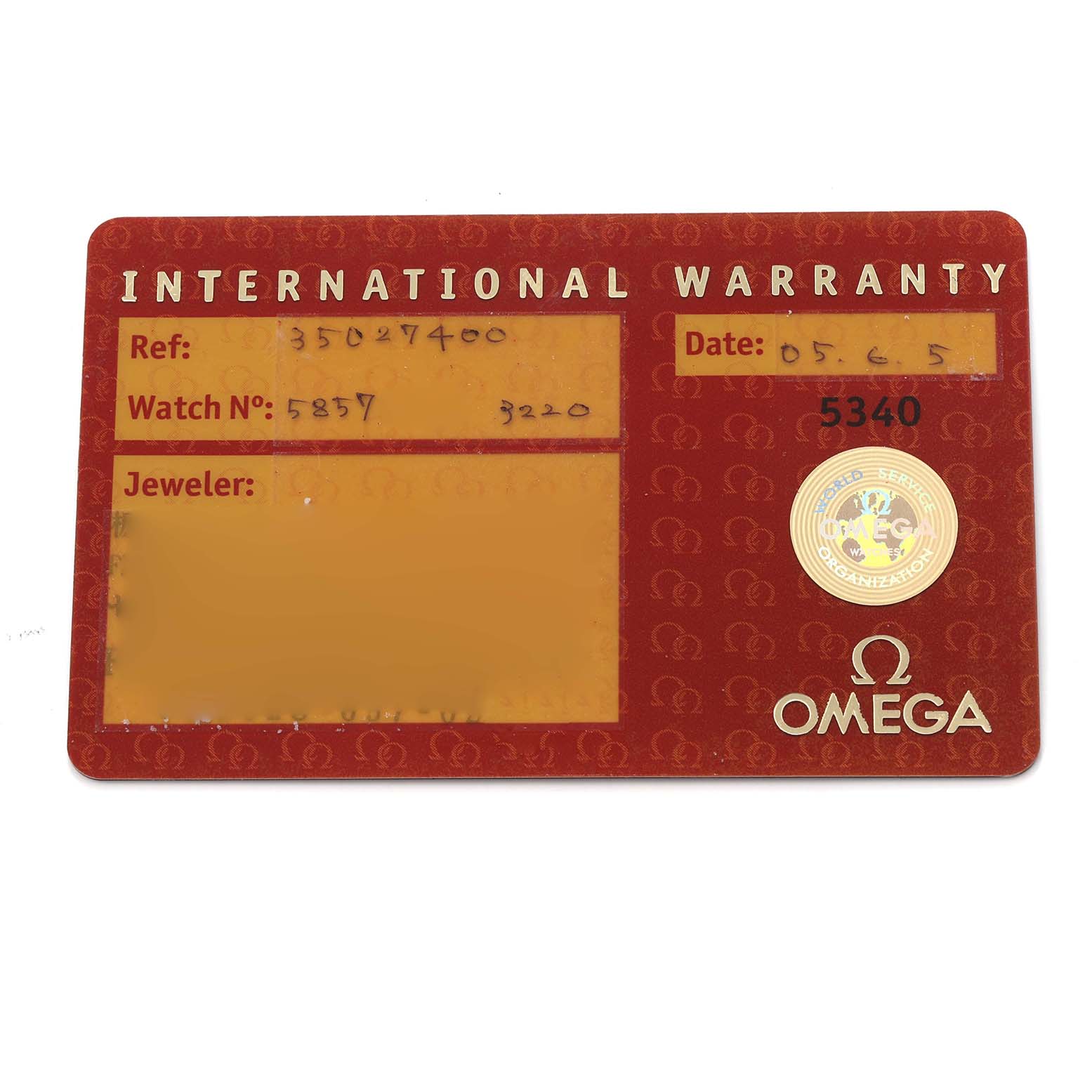 The image shows an Omega International Warranty card for a Speedmaster model with model number 3502.74.00, including reference and watch numbers.