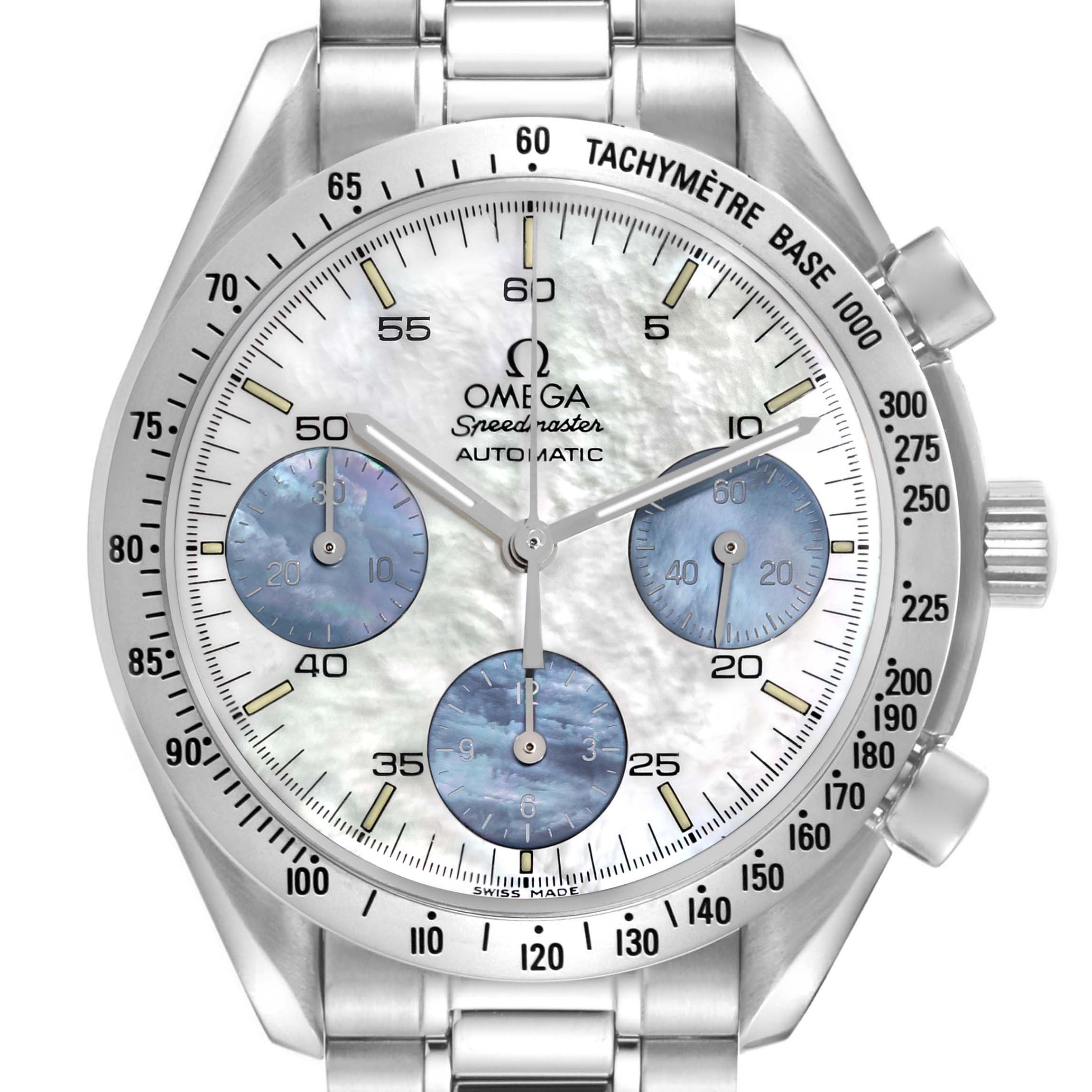 The image shows a frontal view of the Omega Speedmaster model 3502.74.00, featuring its dial, subdials, tachymetric scale, and bracelet links.