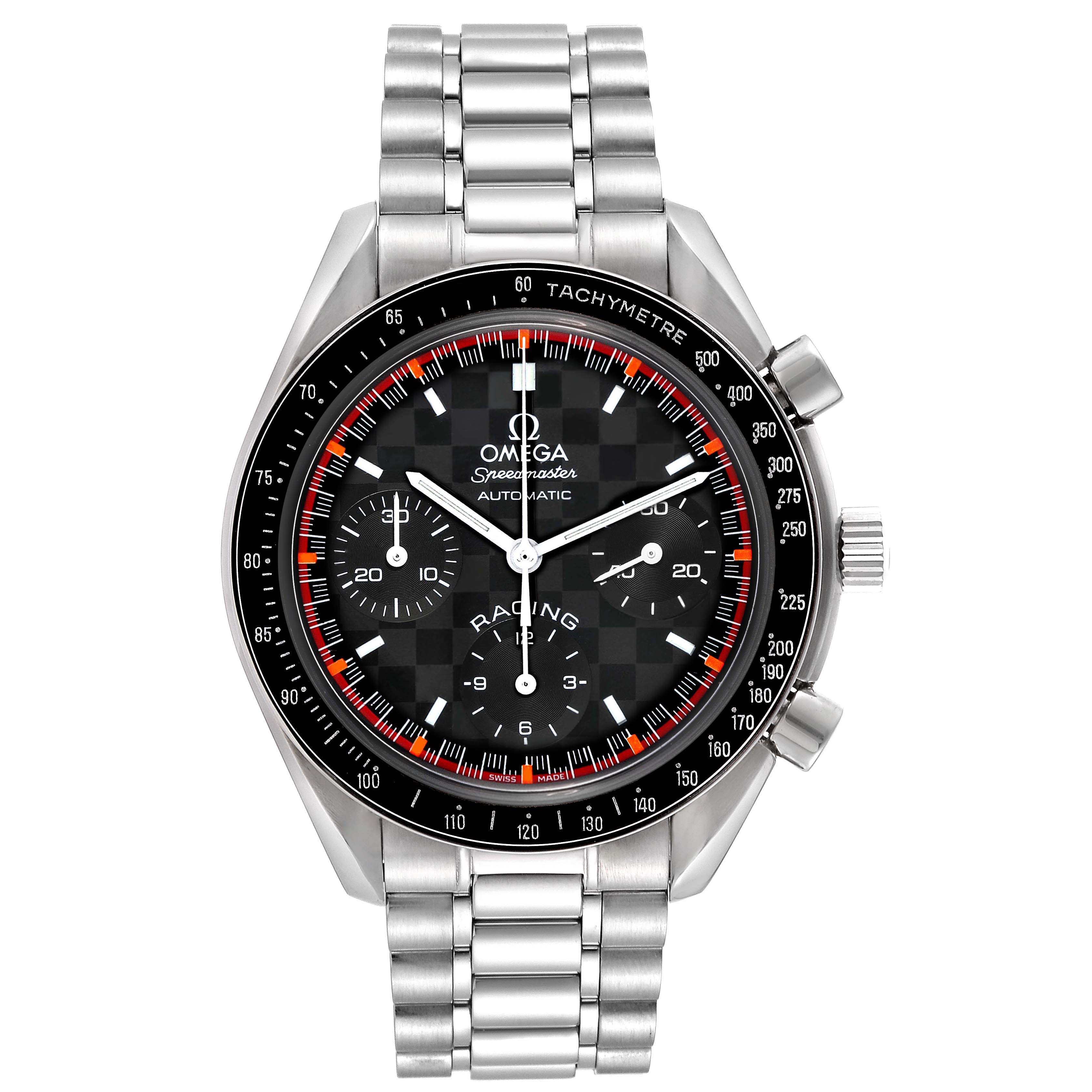 The Omega Speedmaster model 3518.50.00 is shown from the front, displaying its dial, bezel, pushers, crown, and metal bracelet.