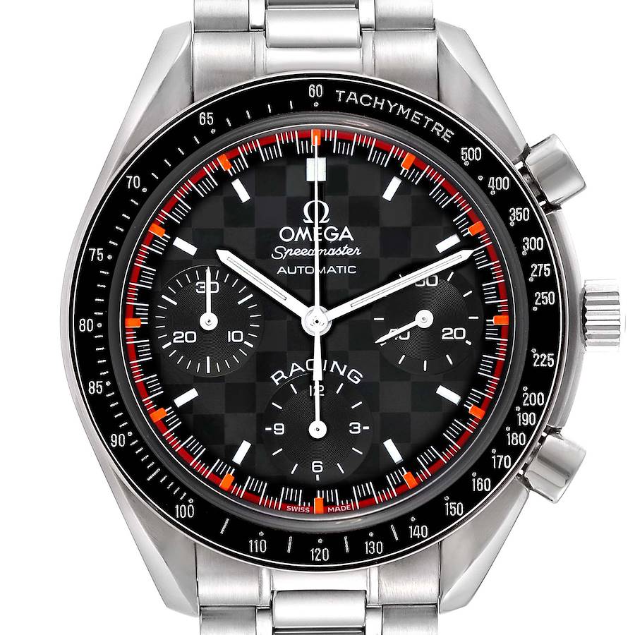 The Omega Speedmaster model 3518.50.00 is shown from a front angle, highlighting the dial, subdials, and bezel details.