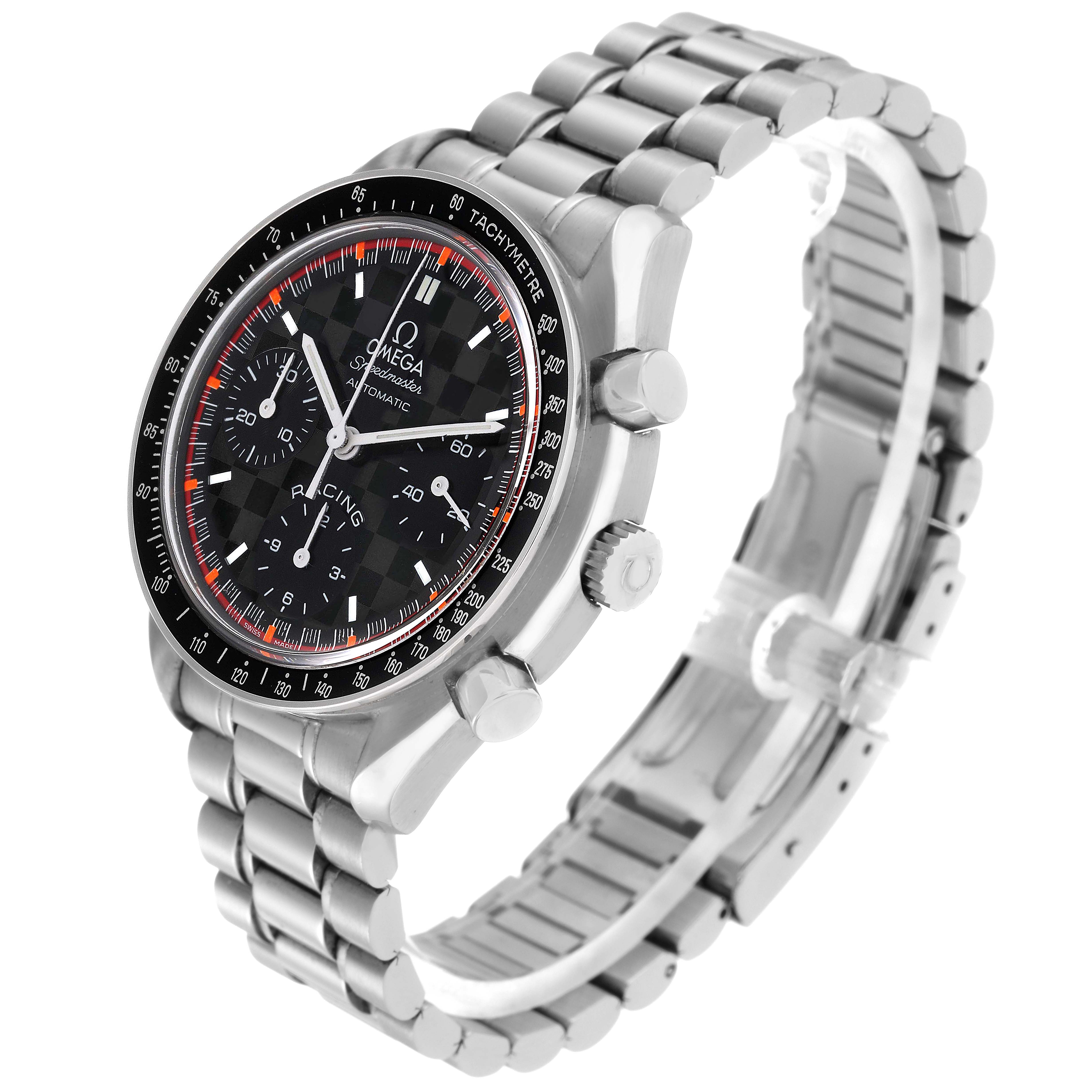 The Omega Speedmaster model 3518.50.00 is shown at a three-quarter angle, highlighting the face, tachymeter bezel, case, crown, pushers, and bracelet.
