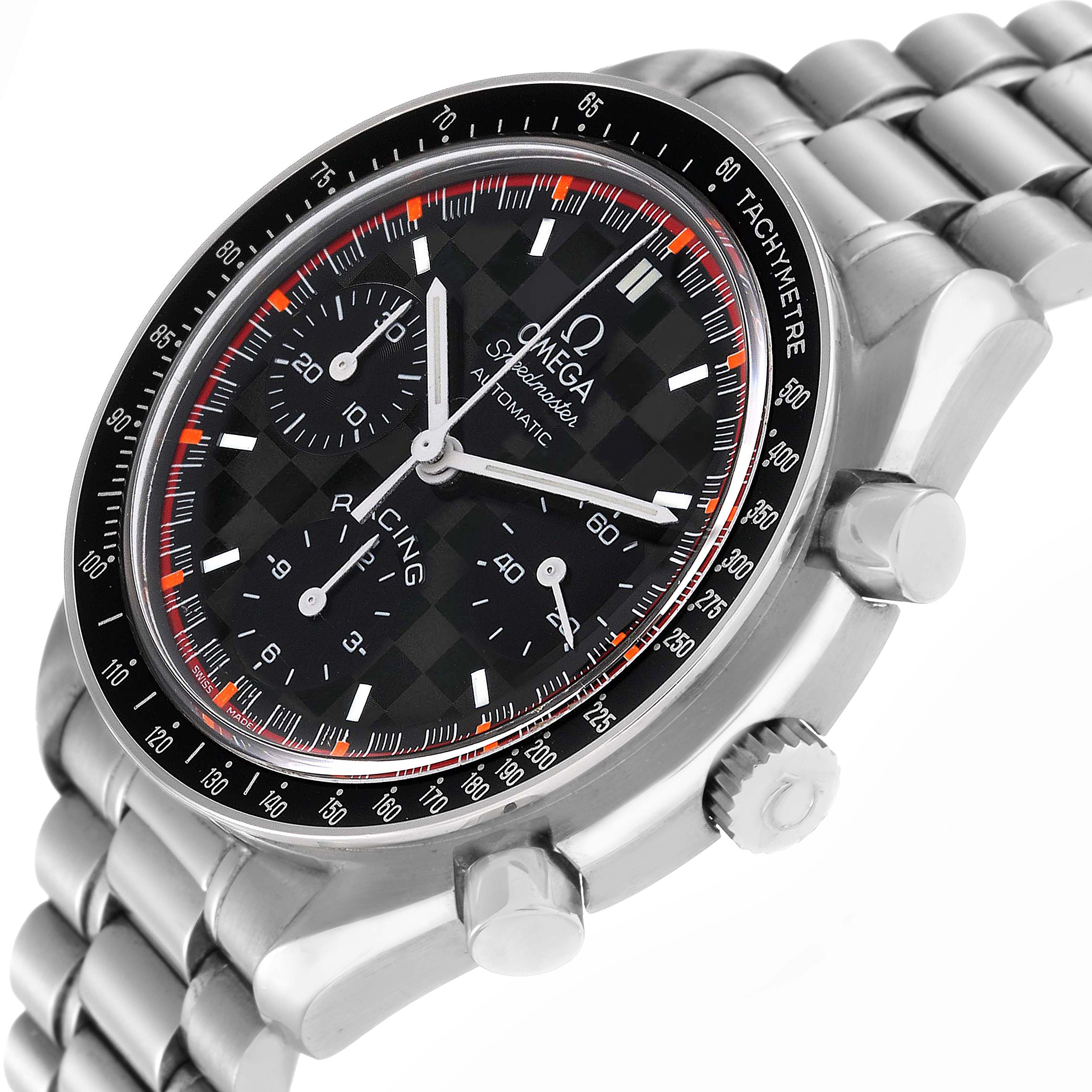 The Omega Speedmaster model 3518.50.00 is shown at an angled close-up, highlighting its face, tachymeter bezel, crown, pushers, and metal bracelet.