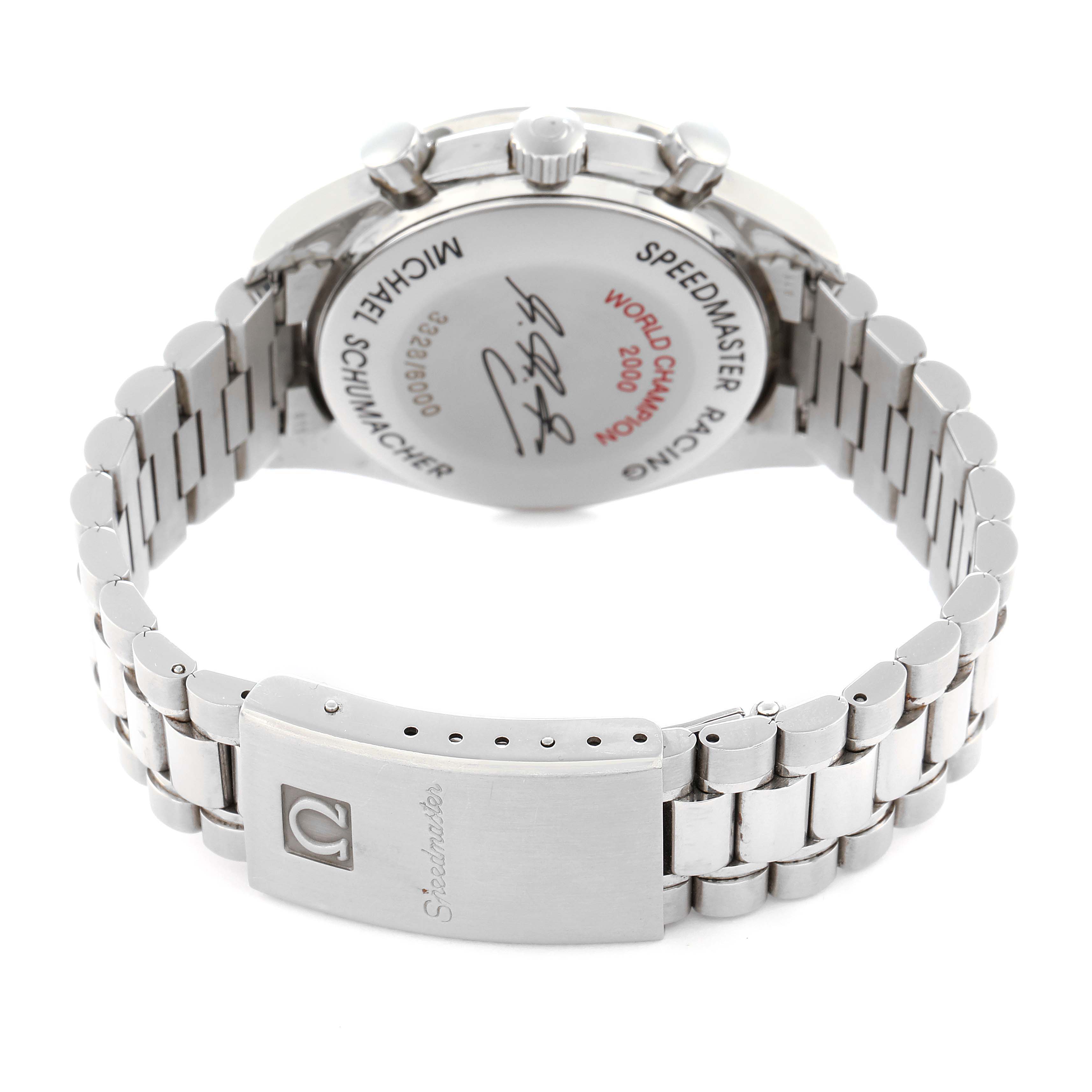 The image shows the back of the Omega Speedmaster model 3518.50.00, highlighting the case back with signature details and the stainless steel bracelet and clasp.