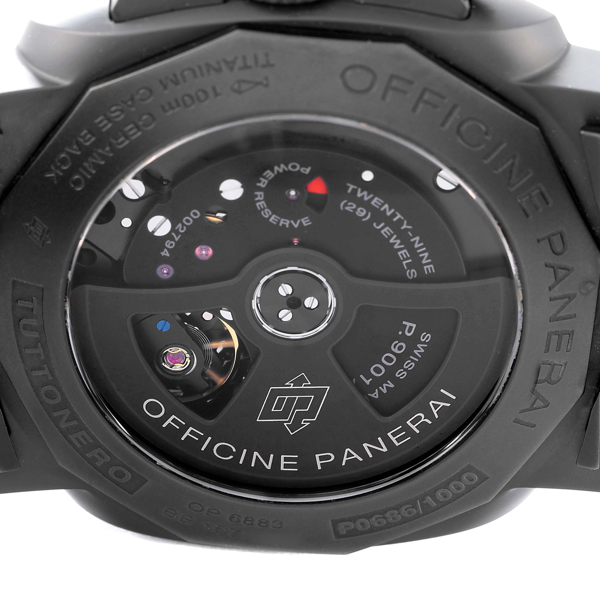 The image shows the back casing of a Panerai Luminor PAM00438 Men's Ceramic Black Dial PAM00438 Men's Ceramic Black Dial watch, highlighting its exposed movement.