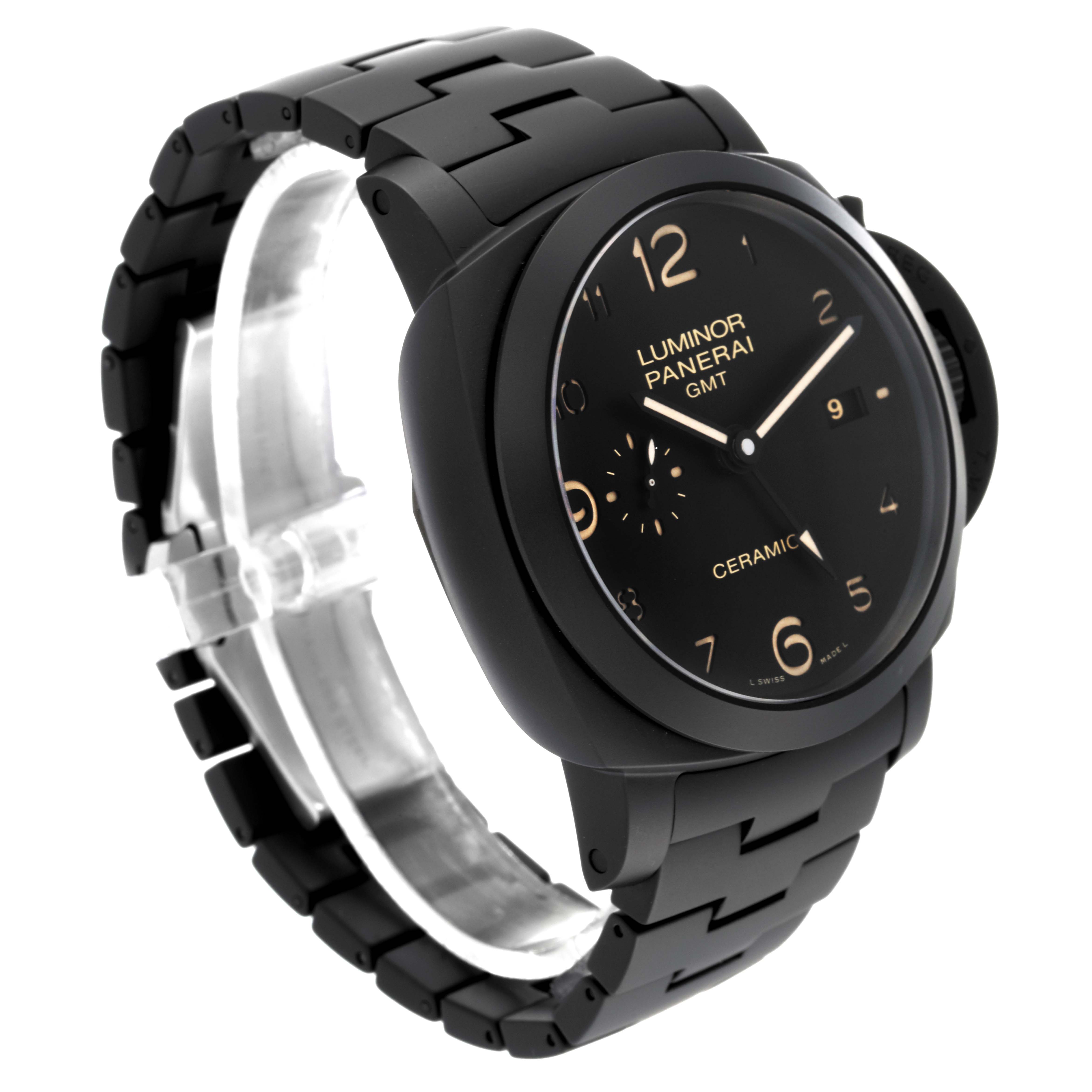 The image shows a Panerai Luminor PAM00438 Men's Ceramic Black Dial PAM00438 Men's Ceramic Black Dial watch at a three-quarter angle, highlighting its ceramic case and black bracelet.