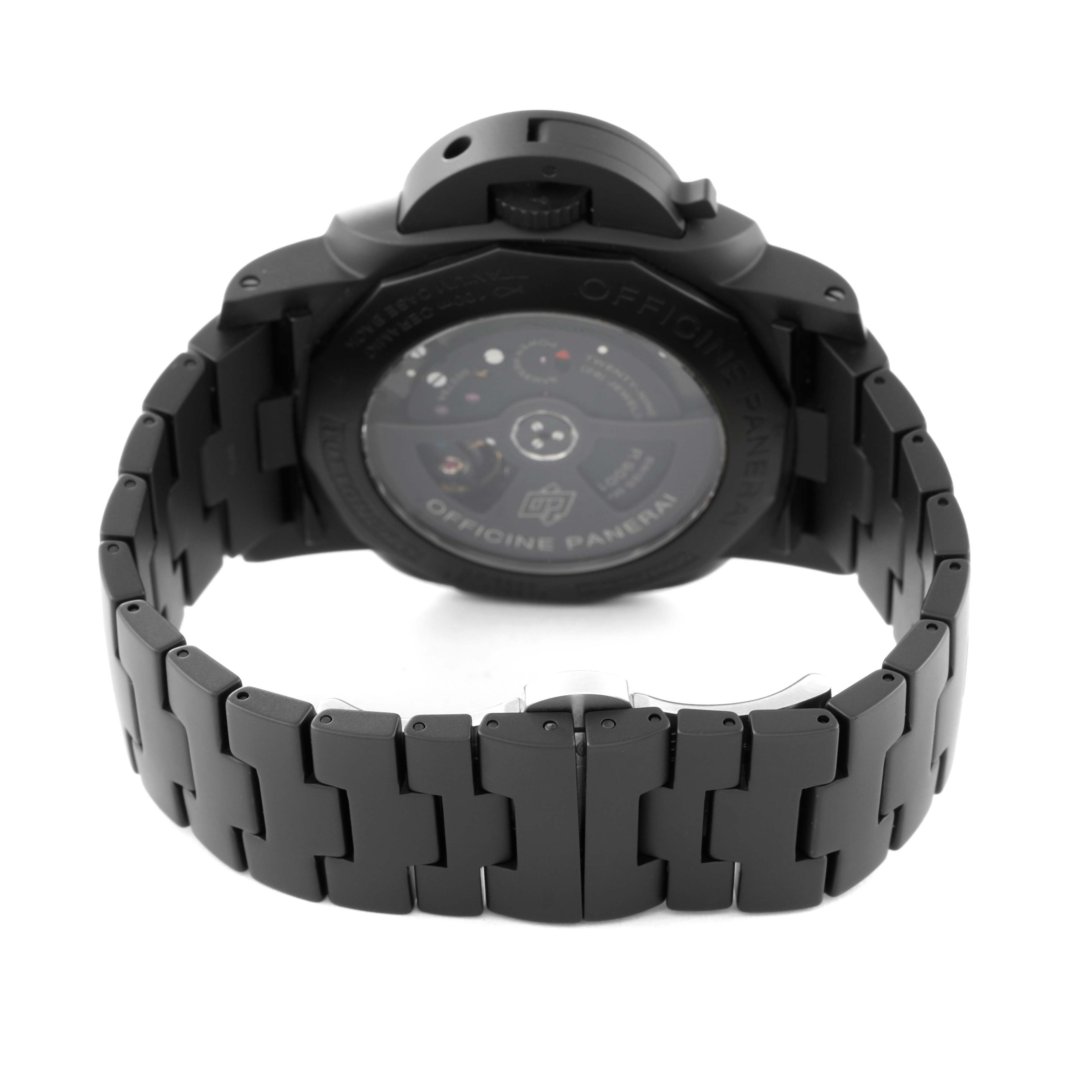 The image shows the back view of a Panerai Luminor PAM00438 Men's Ceramic Black Dial PAM00438 Men's Ceramic Black Dial watch, highlighting the case back and the bracelet.