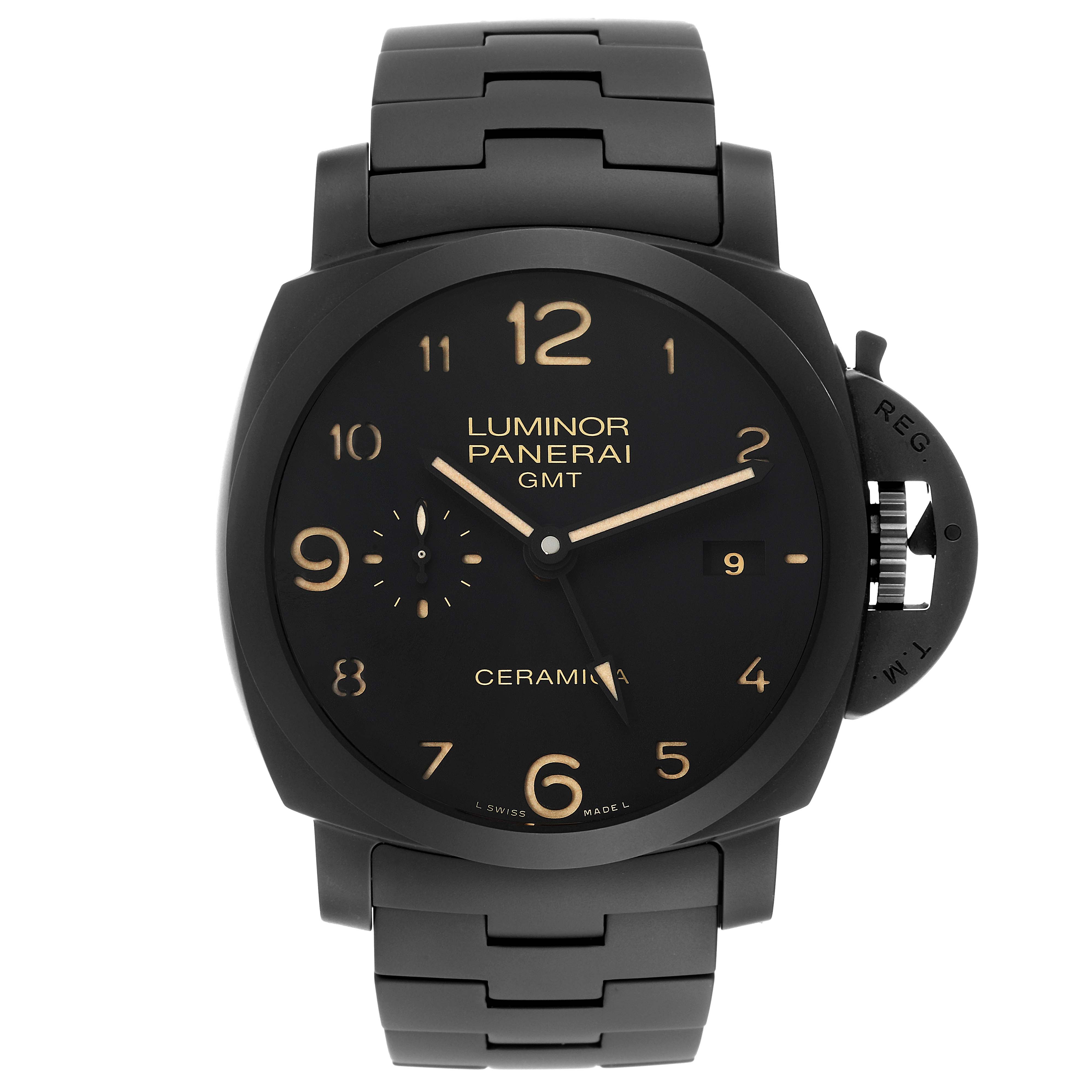 The image shows a front view of a Panerai Luminor PAM00438 Men's Ceramic Black Dial PAM00438 Men's Ceramic Black Dial GMT ceramica watch, displaying the face, dial, and strap.