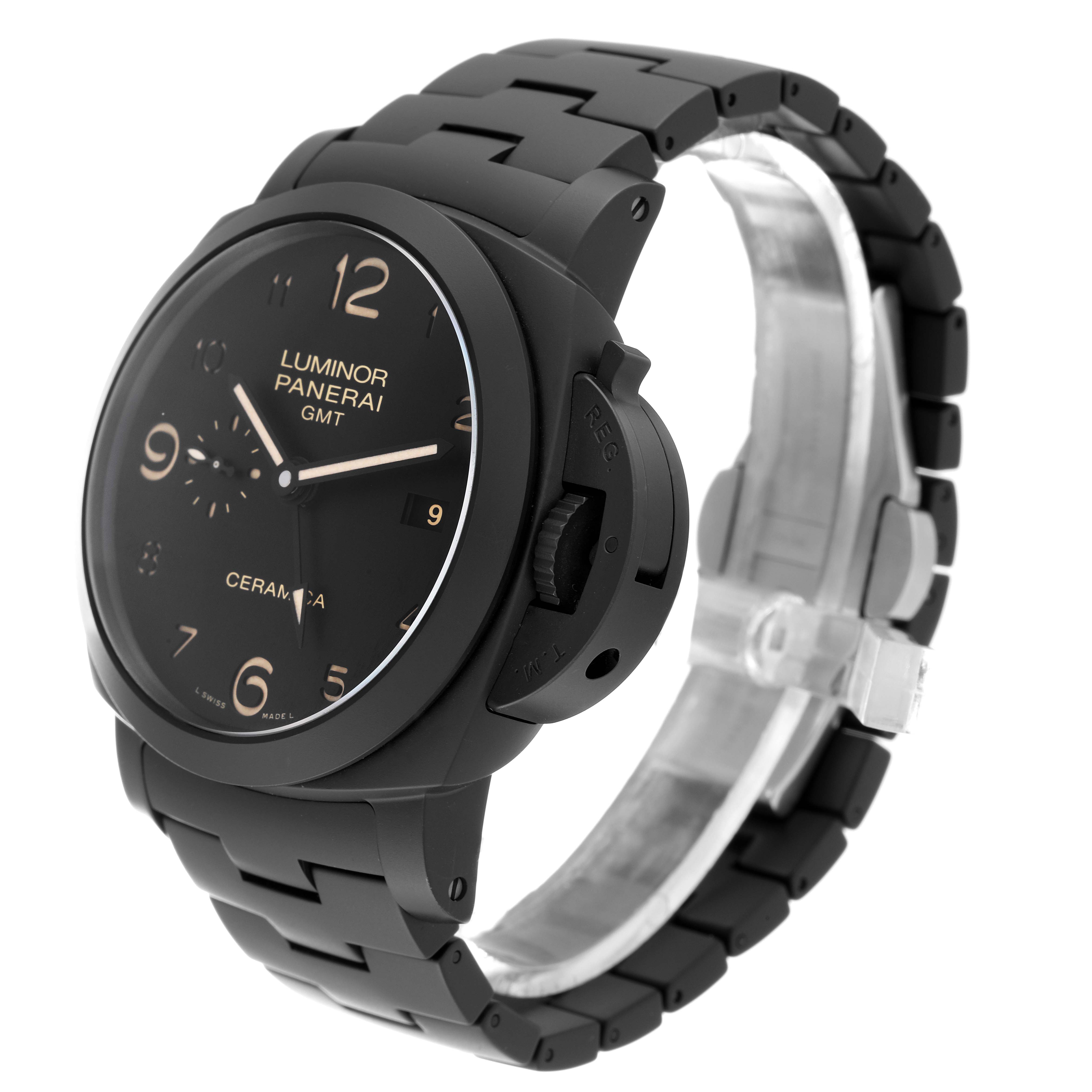 The image shows a Panerai Luminor PAM00438 Men's Ceramic Black Dial PAM00438 Men's Ceramic Black Dial watch at a 3/4 angle, displaying the face, crown guard, and part of the bracelet.