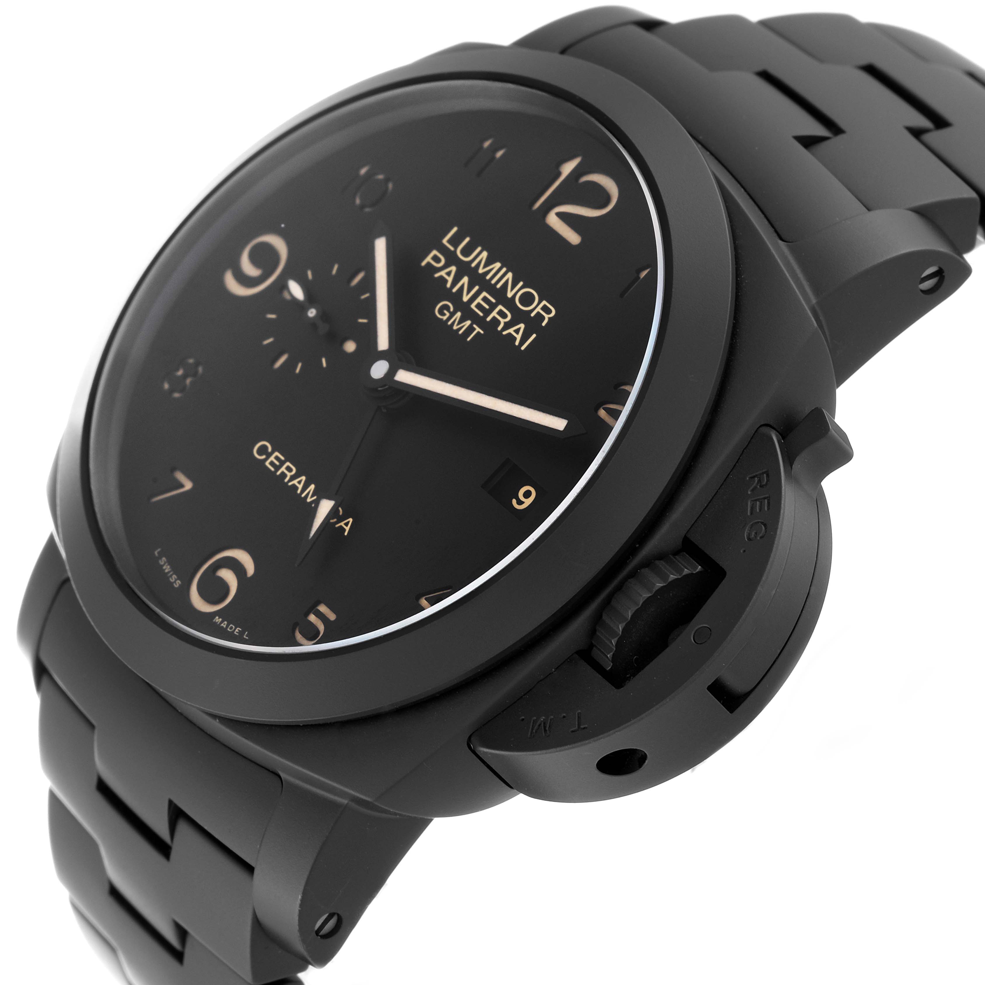 The image shows a Panerai Luminor PAM00438 Men's Ceramic Black Dial PAM00438 Men's Ceramic Black Dial watch at an angled close-up, highlighting the face, crown guard, and part of the black strap.