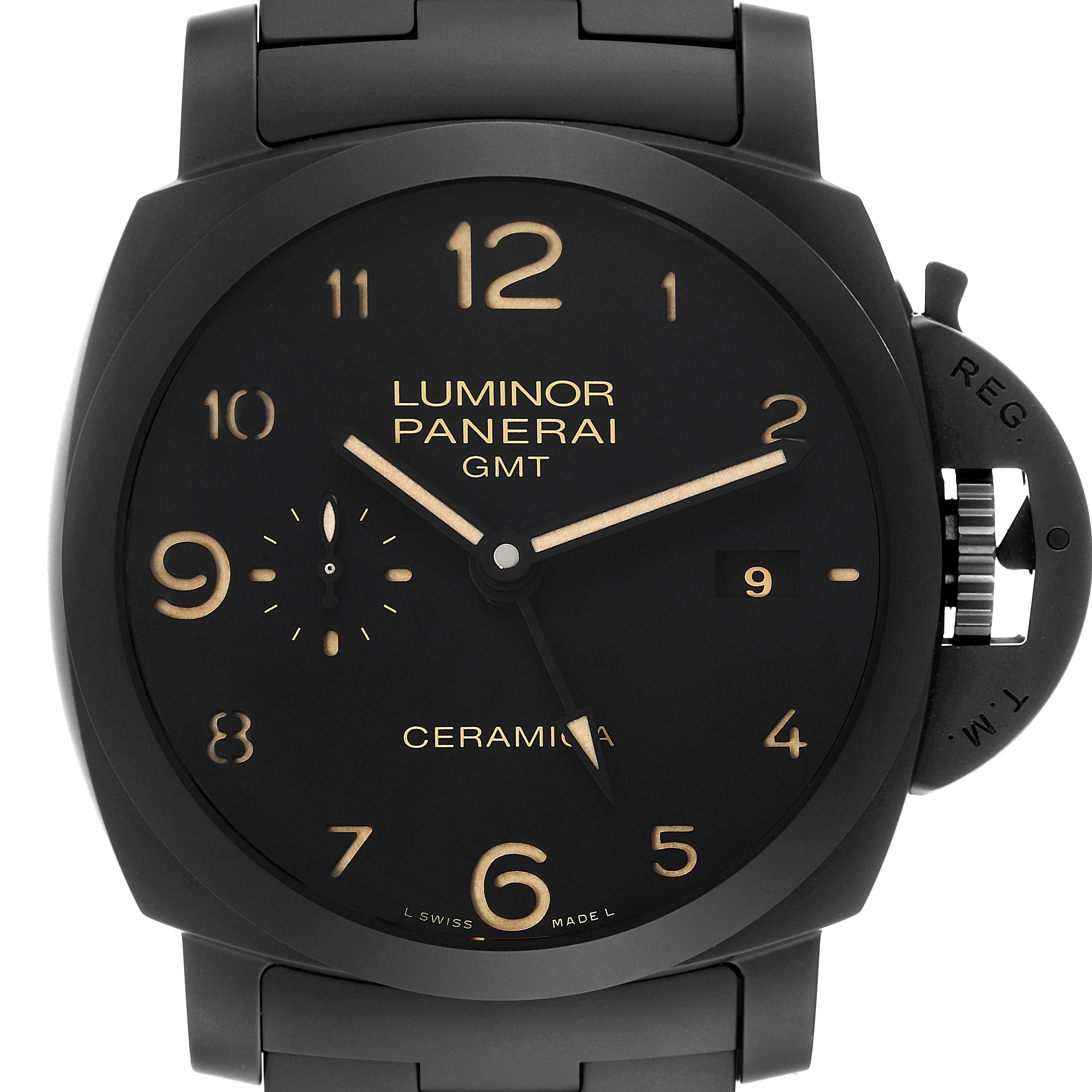 The image shows a front view of the Panerai Luminor PAM00438 Men's Ceramic Black Dial PAM00438 Men's Ceramic Black Dial GMT watch, highlighting its black dial, ceramic case, and crown guard.