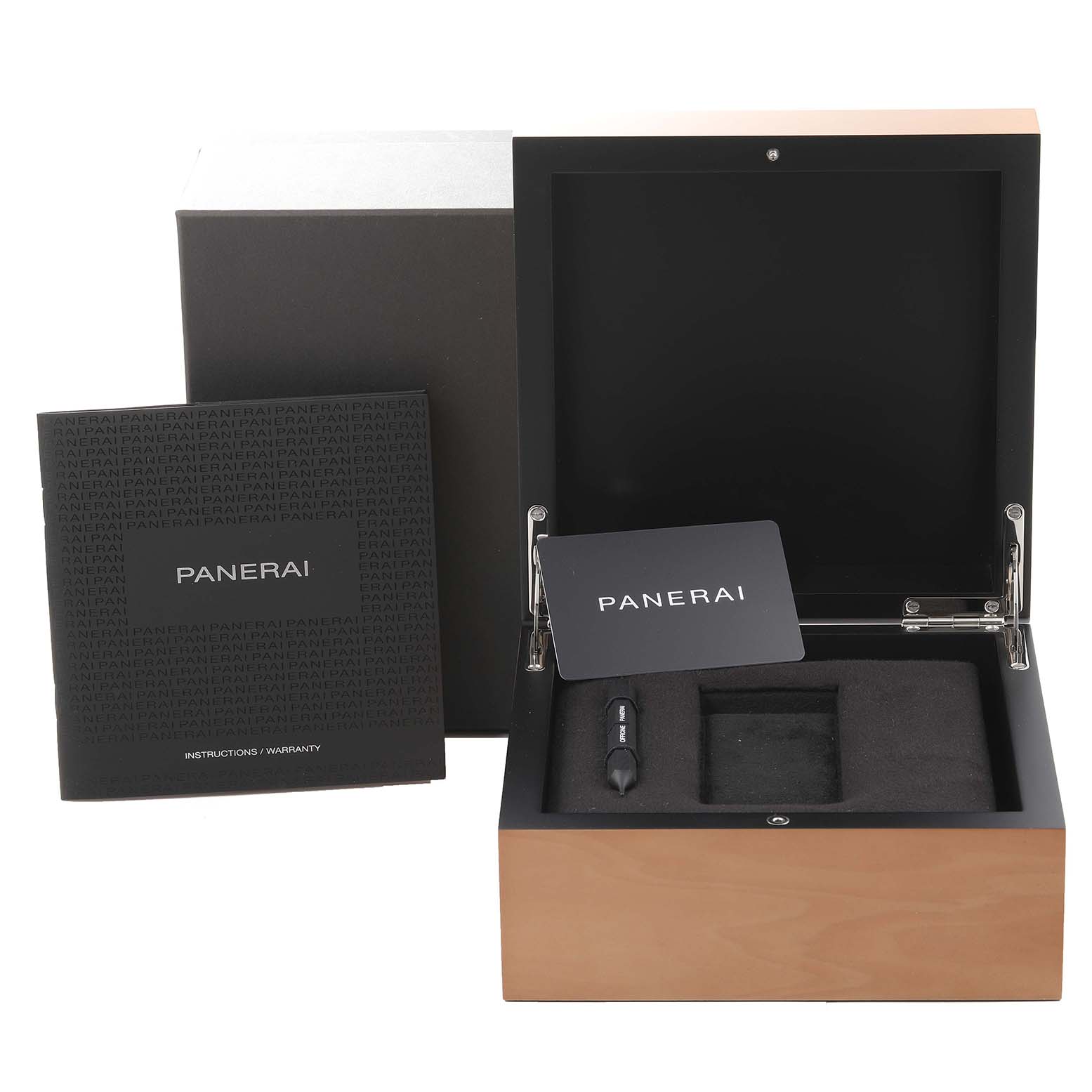 This image shows an open box for the Panerai Luminor PAM01028 Men's Stainless Steel Blue Dial PAM01028 Men's Stainless Steel Blue Dial watch, along with instructions and warranty documents.